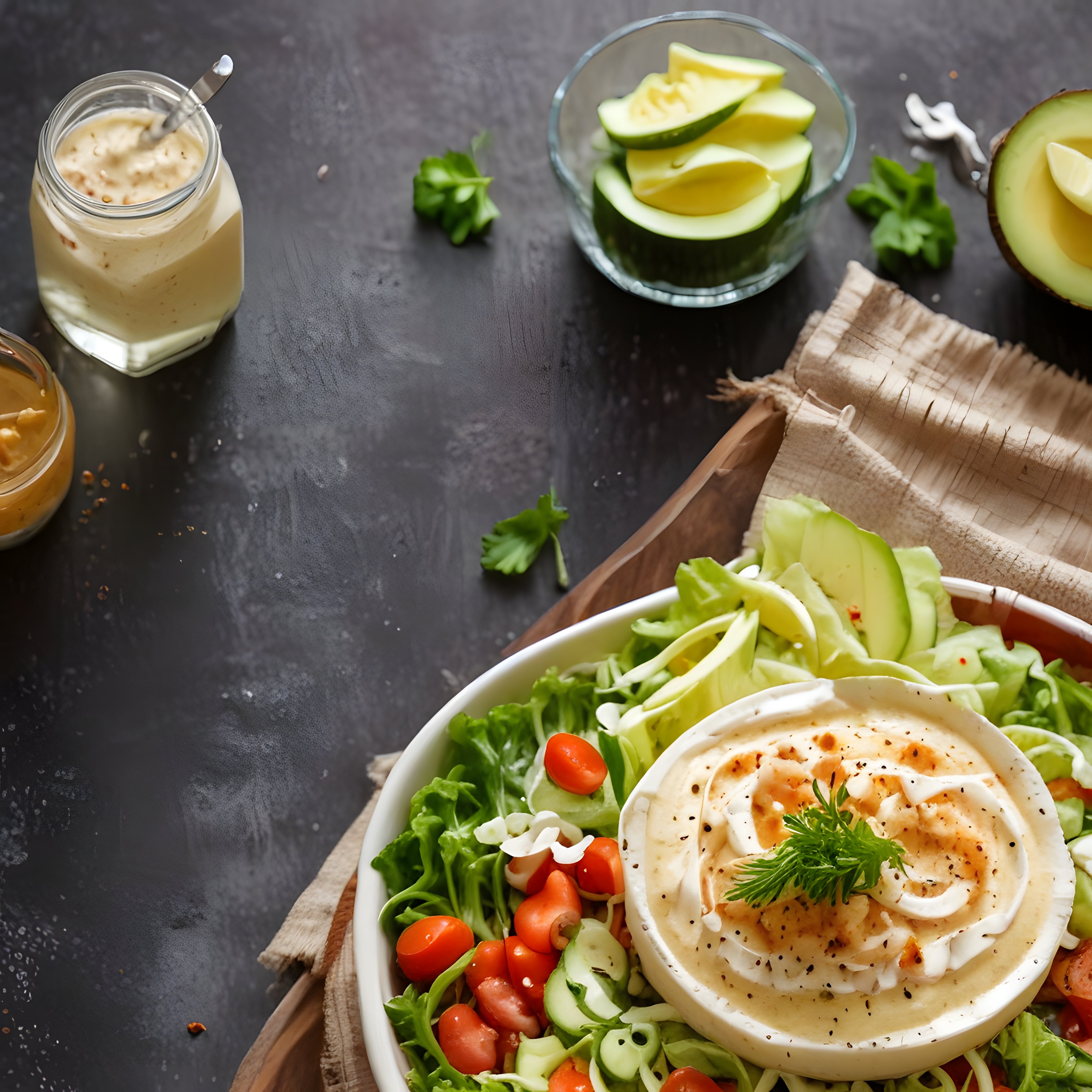 Avokadolu Humus Kasesi ve Taze Salata ile Sağlıklı ve Lezzetli Bir Öğün Sunumu