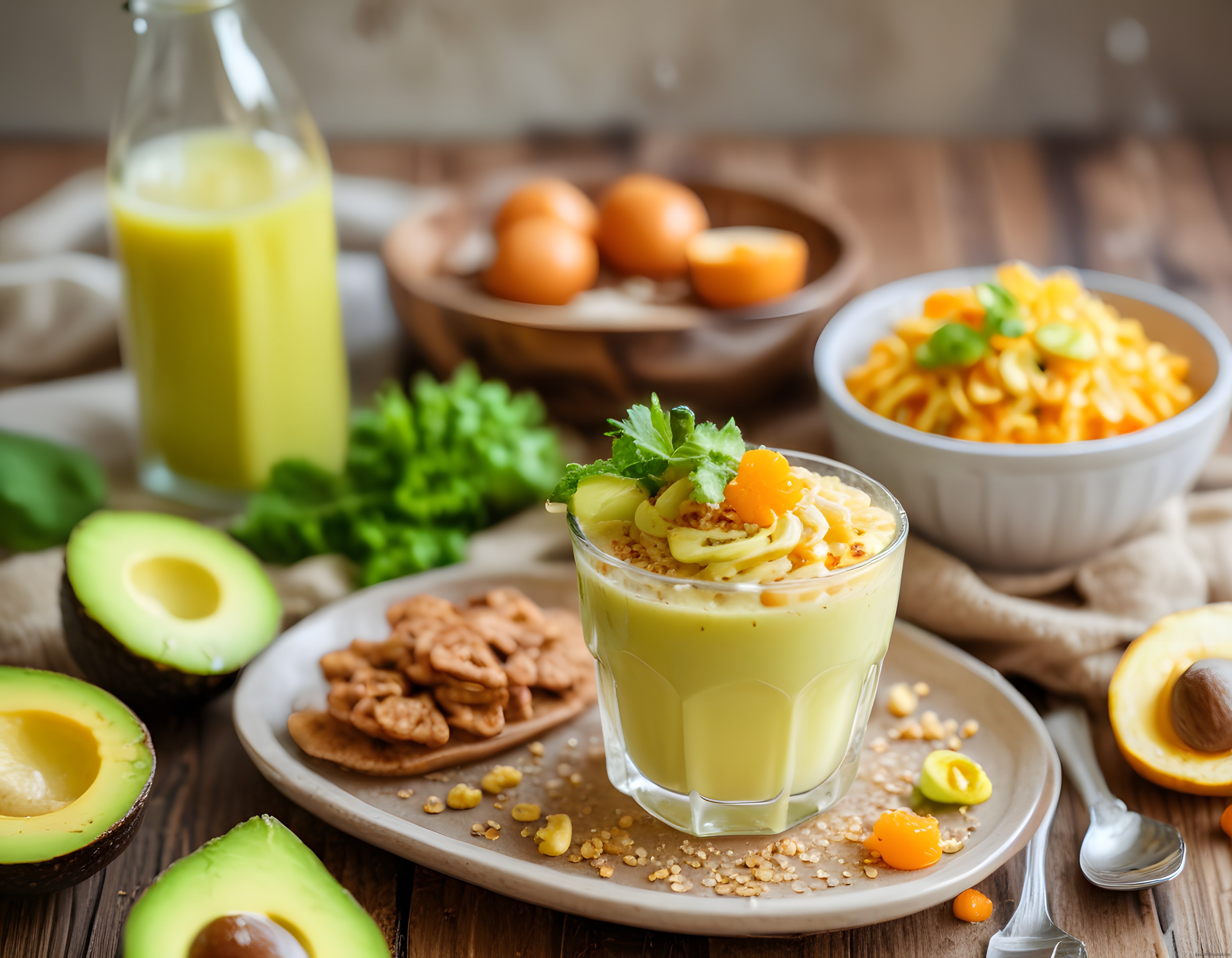 Avokadolu Kahvaltı: Sağlıklı Smoothie ve Taze Malzemelerle Renkli Sunum