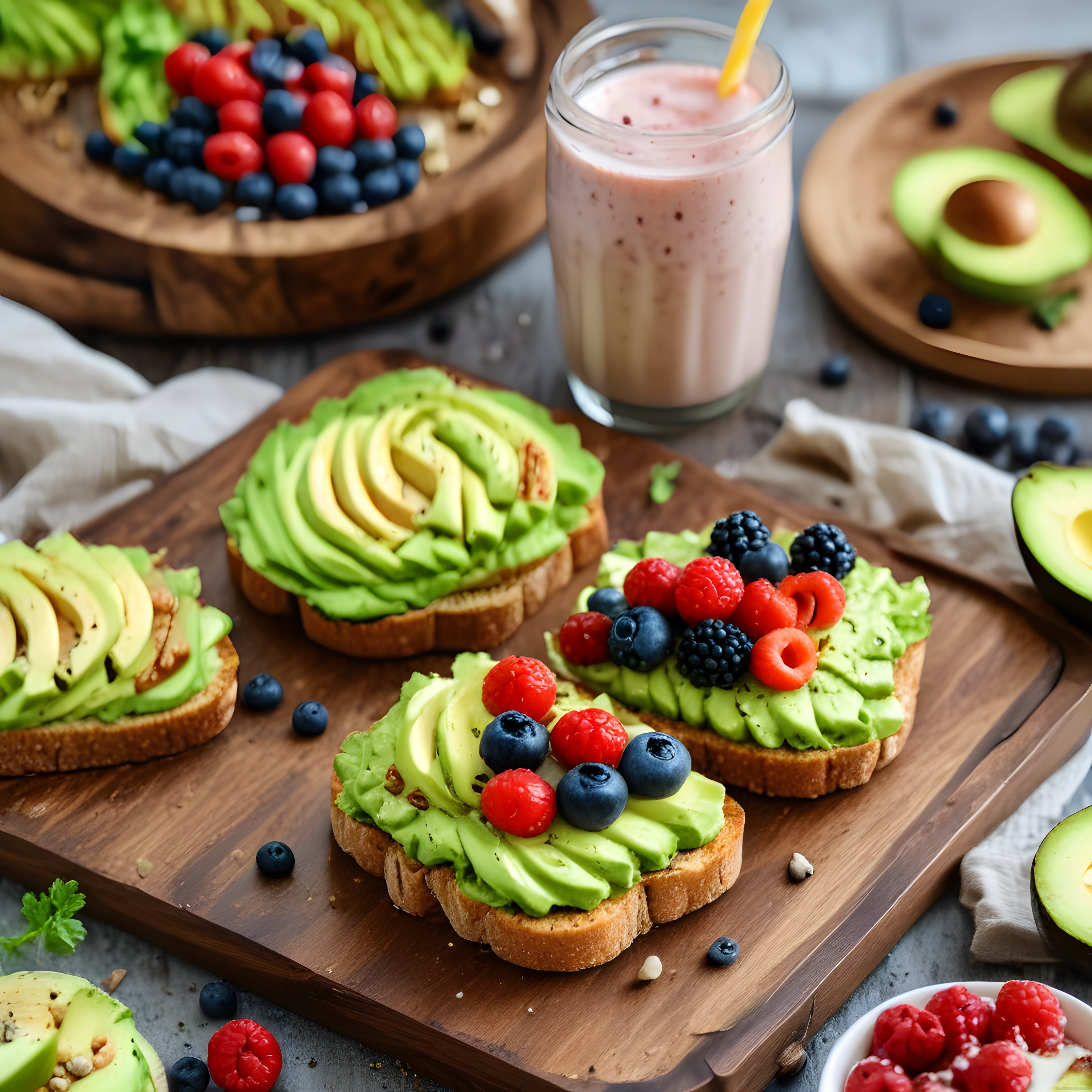 Avokadolu Kahvaltı Tabağı: Taze Meyveli Ekmek Dilimleri ve Smoothie