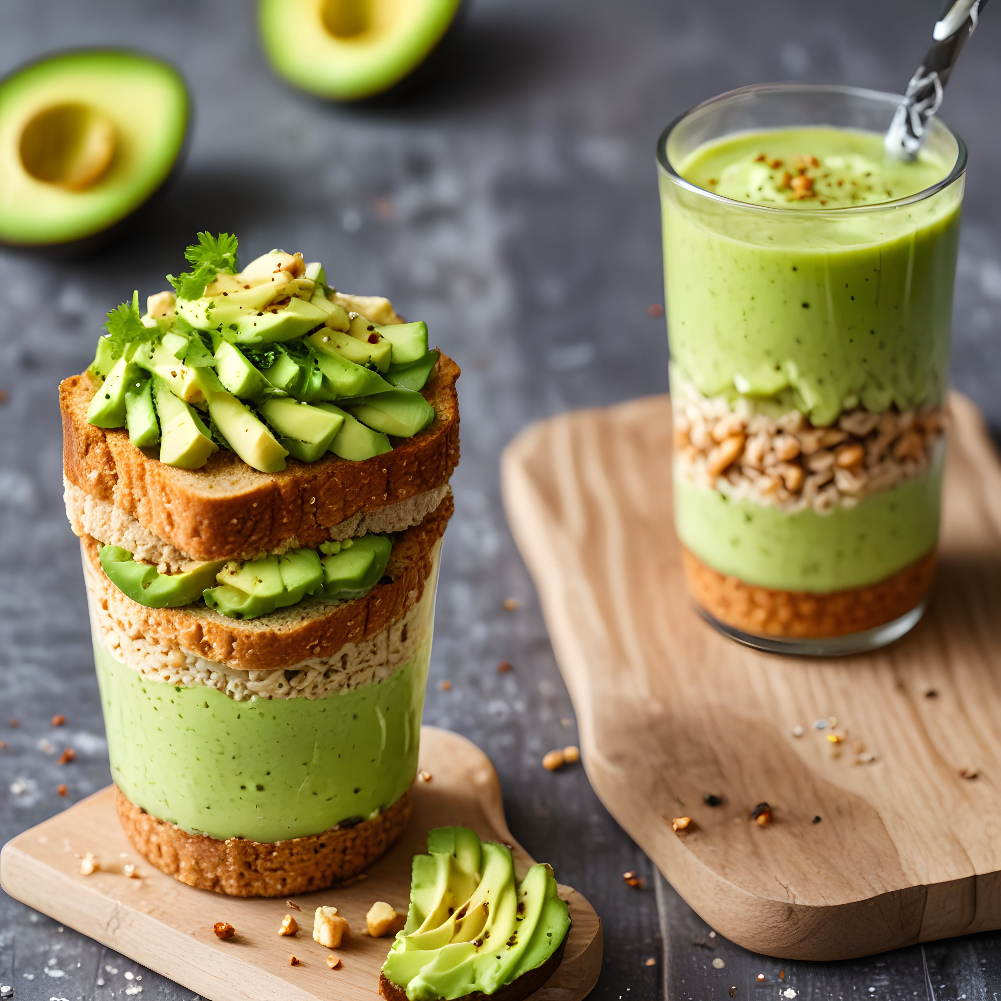 Avokadolu Katmanlı Sandviç ve Yeşil Smoothie Kahvaltı Sunumu