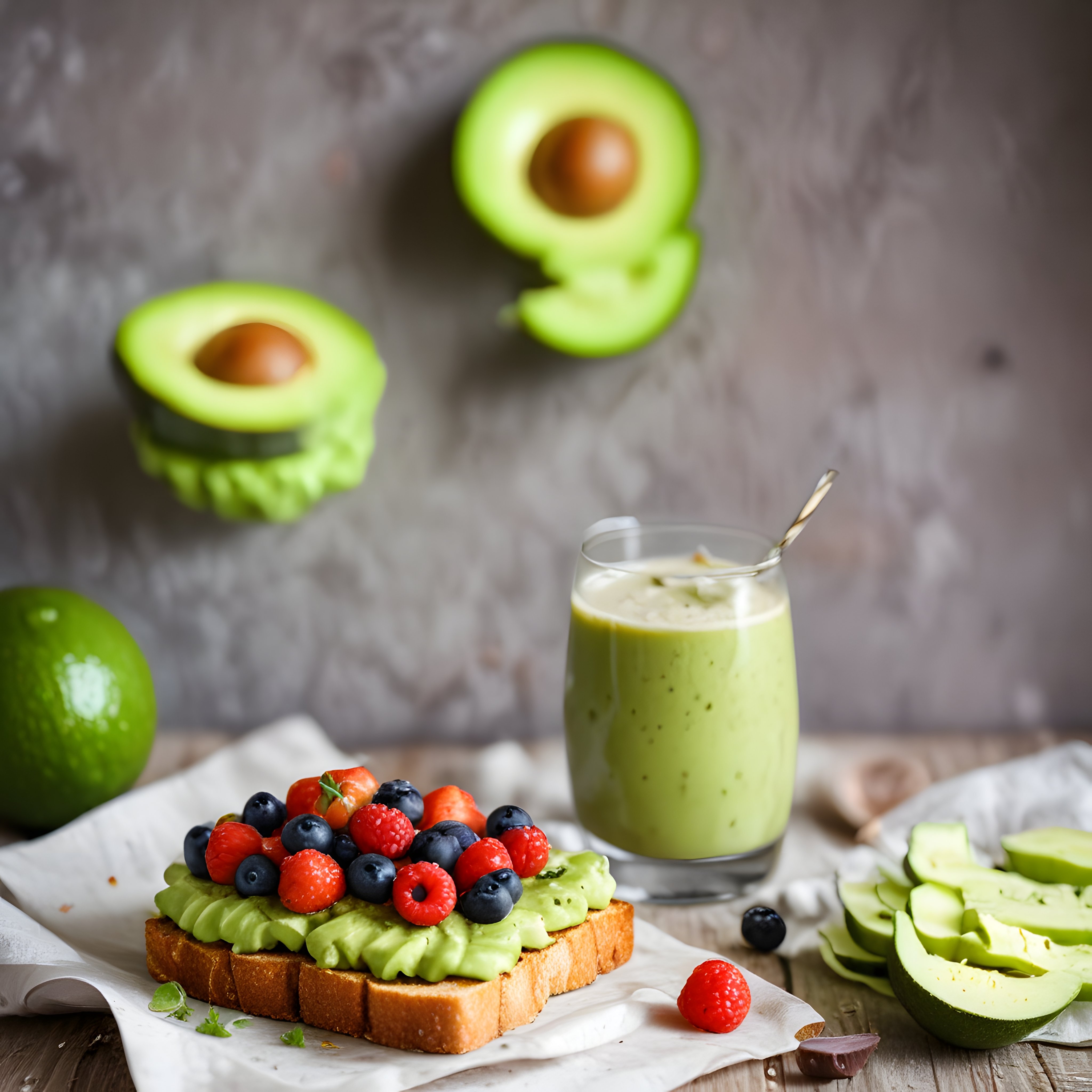 Avokadolu Orman Meyveli Tost ve Yeşil Smoothie Kahvaltı Sunumu
