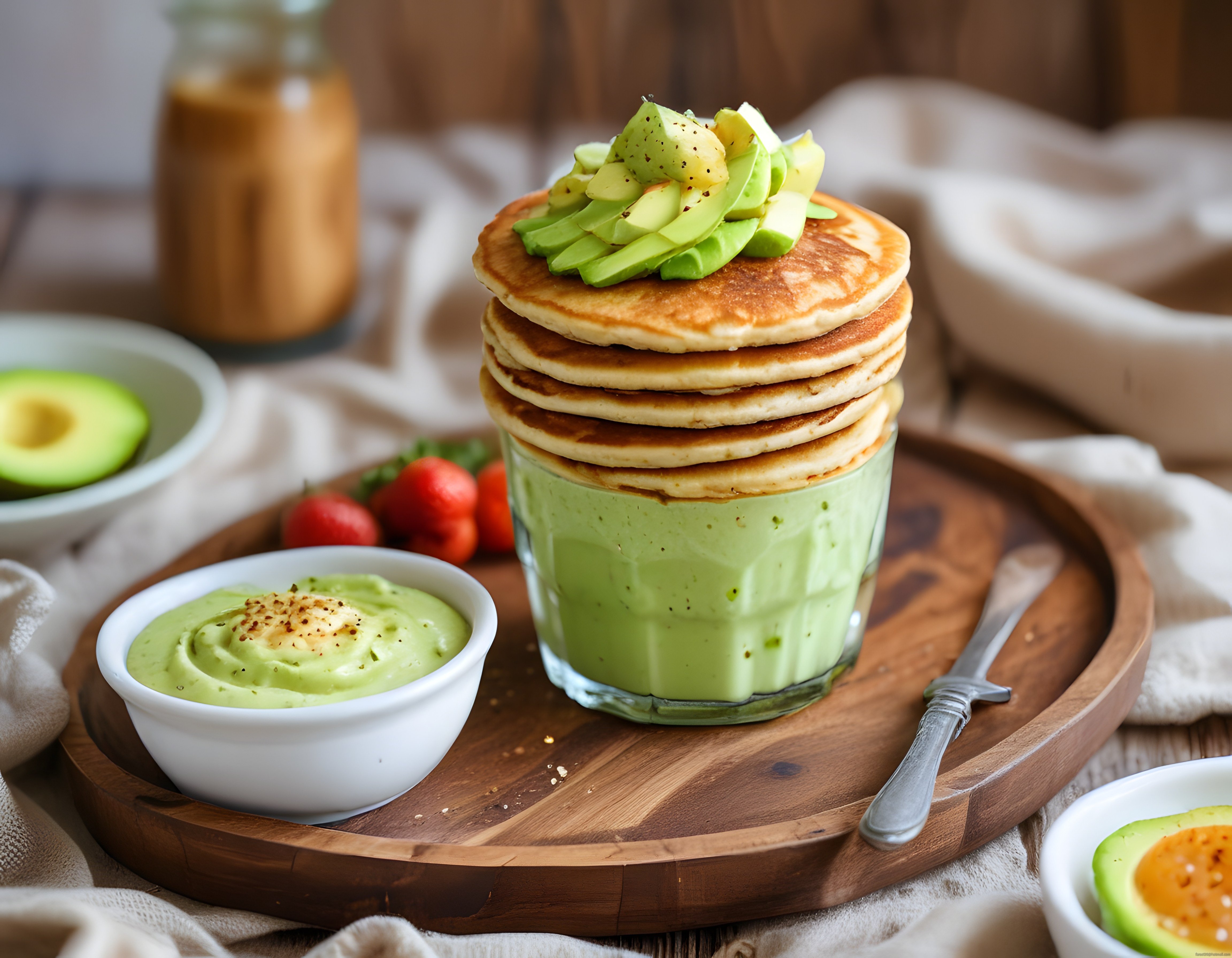 Avokadolu pancake kulesi ve yeşil smoothie ile rustik kahvaltı masası konsepti