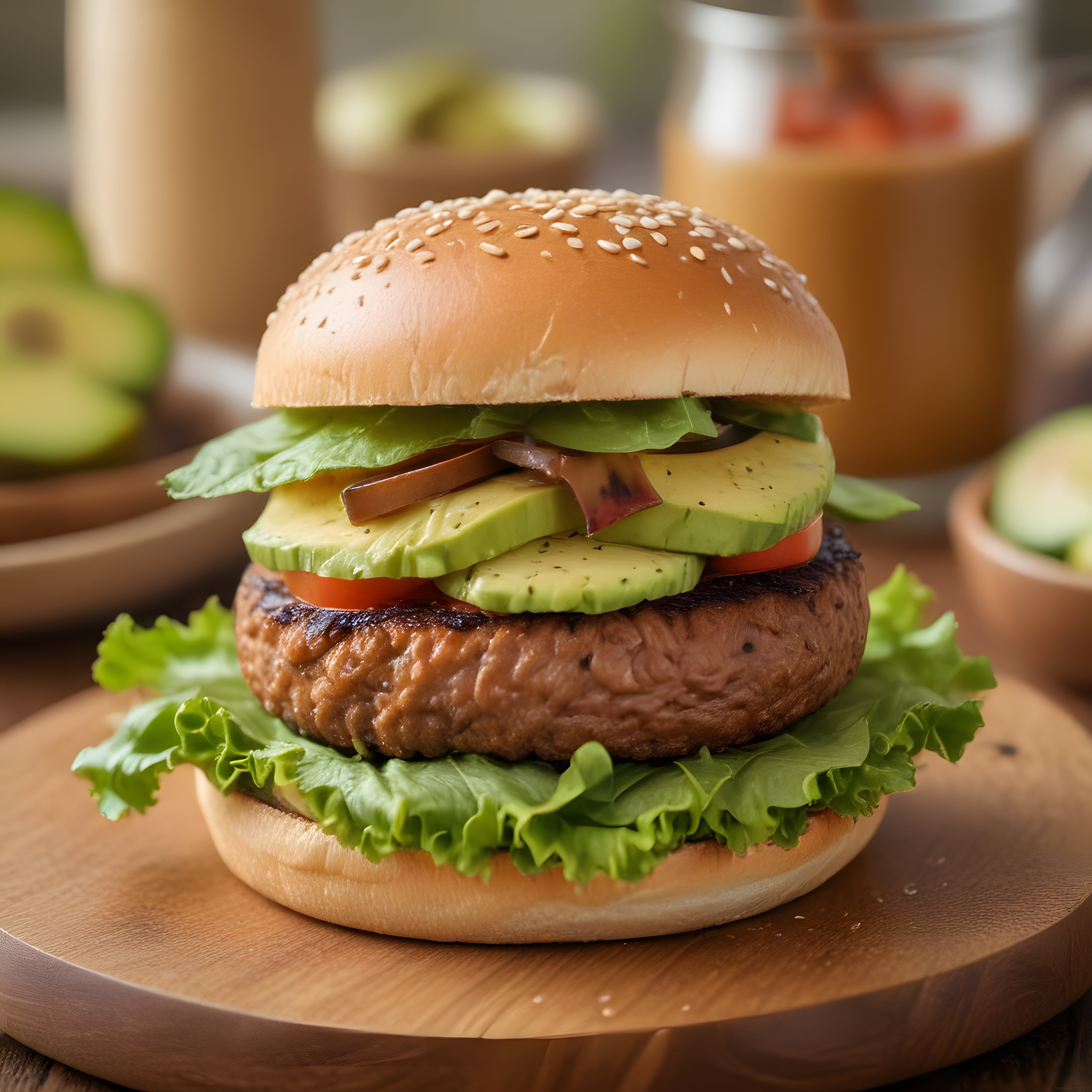 Avokadolu Pastırmalı Susamlı Burger: Izgara Et, Domates ve Marul ile Şık Sunum