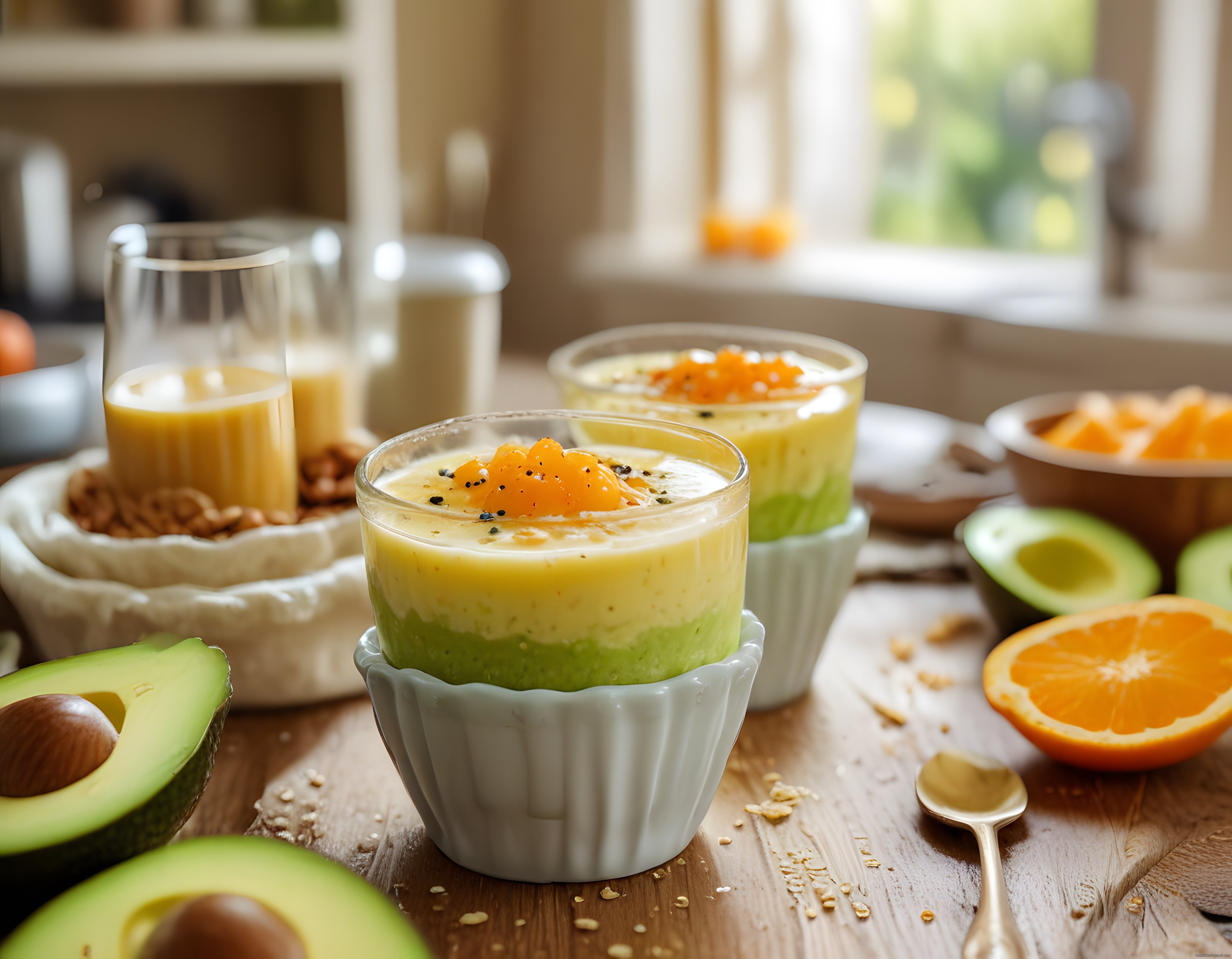 Avokadolu Portakallı Katmanlı Smoothie Kasesi ve Sağlıklı Kahvaltı Konsepti