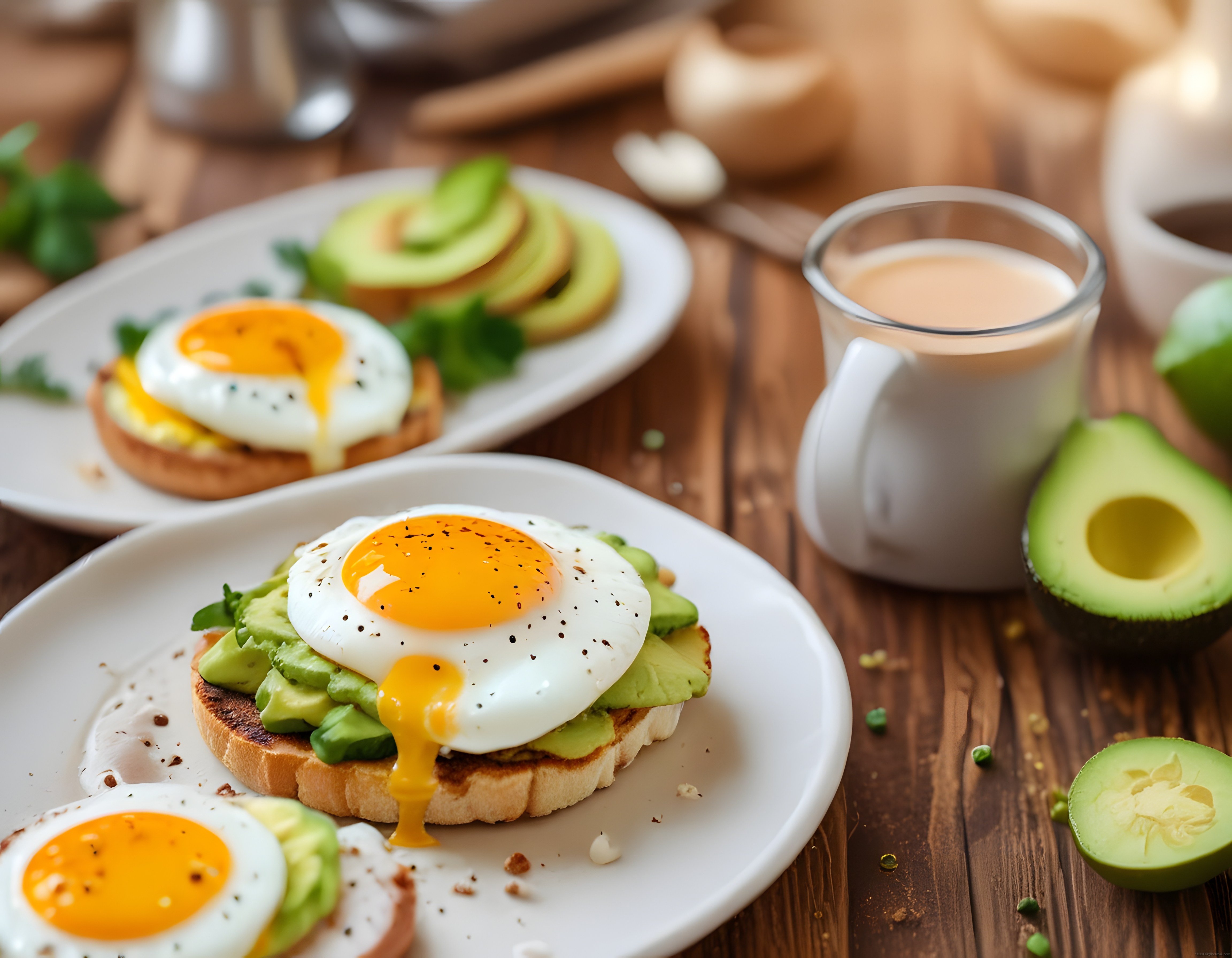 Avokadolu Poşe Yumurtalı Tost ve Sıcak Kahve ile Kahvaltı Masası