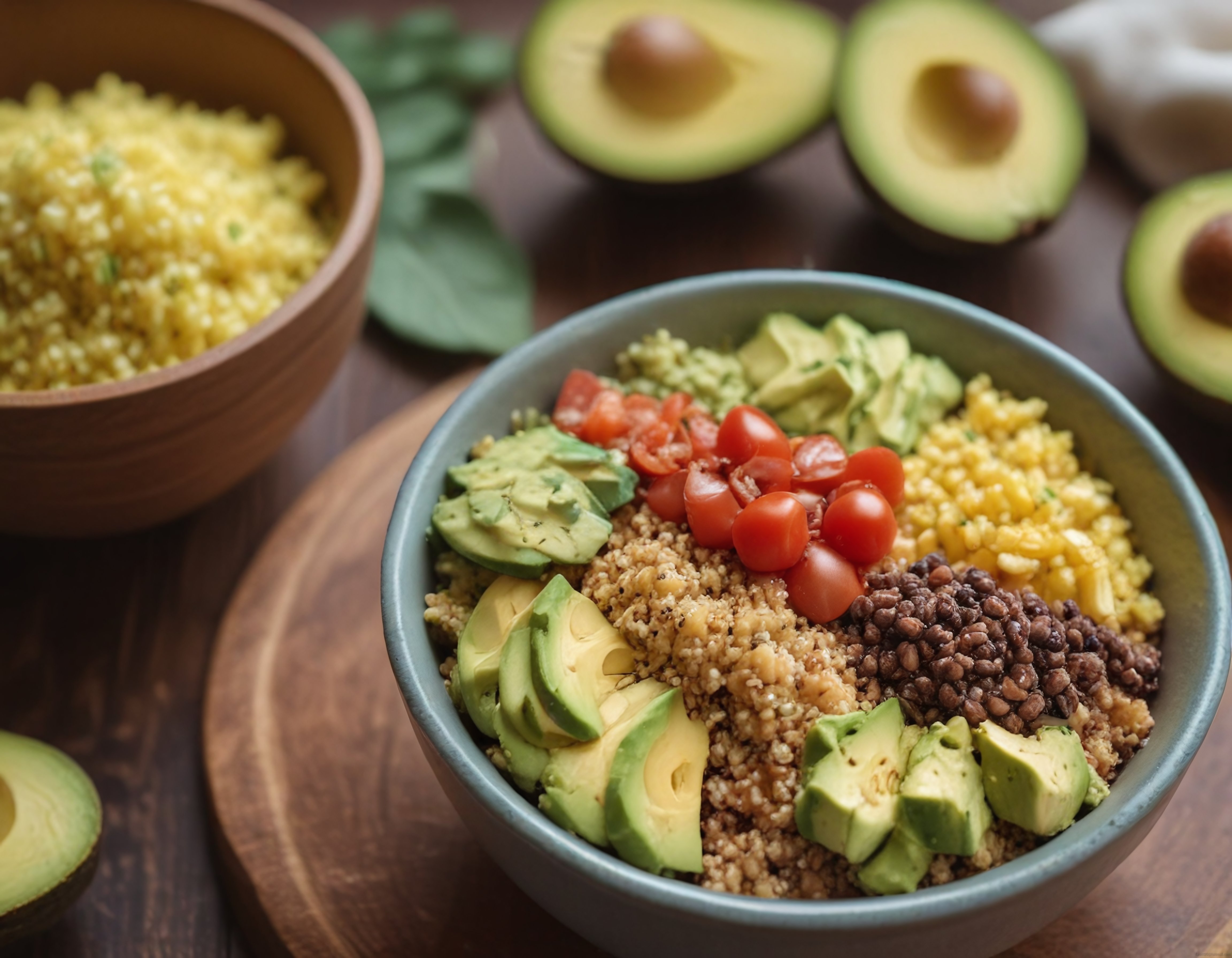Avokadolu renkli kinoa kasesi ile sağlıklı ve besleyici vegan bowl sunumu