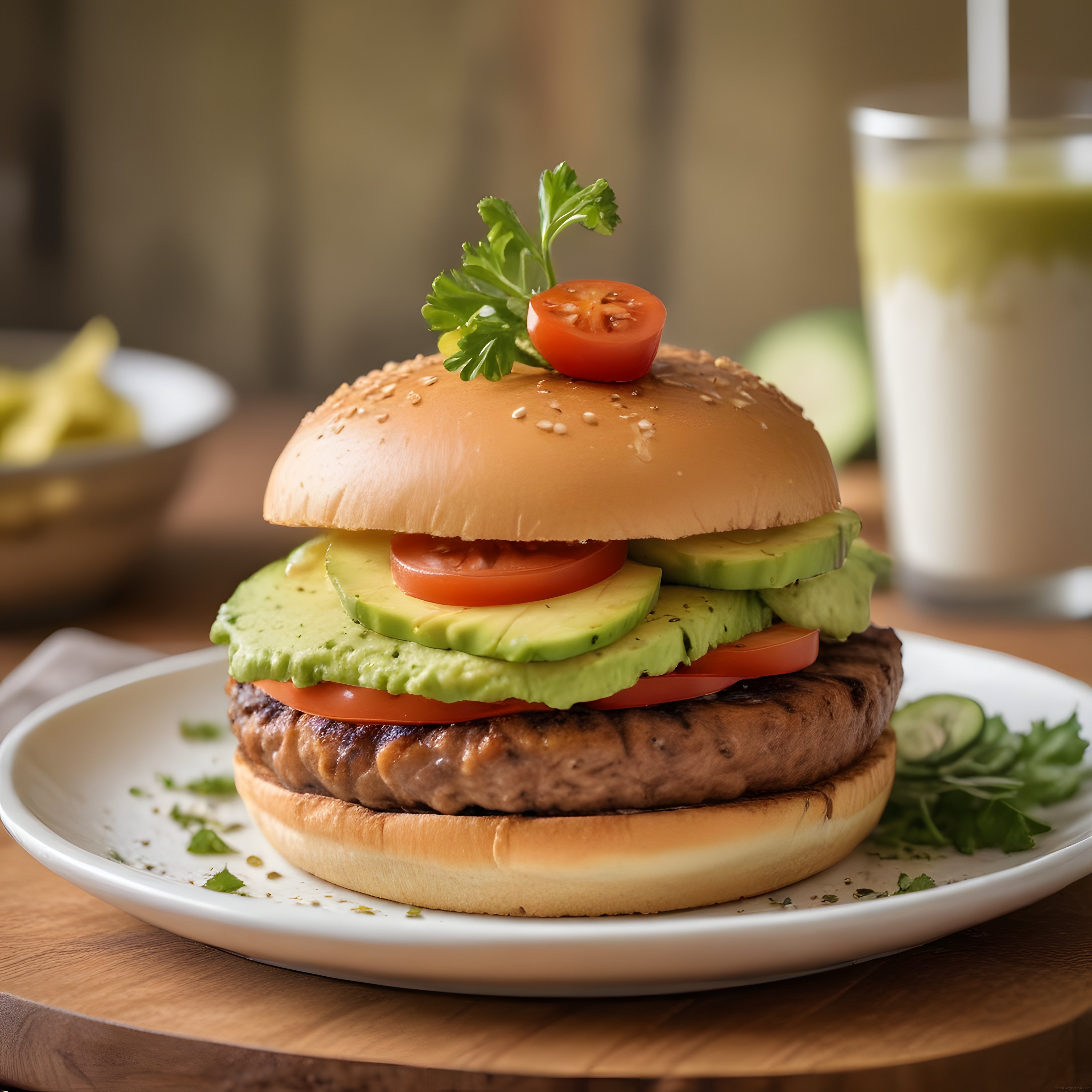 Avokadolu susamlı burger, patates kızartması ve yeşil içecekle lezzetli menü