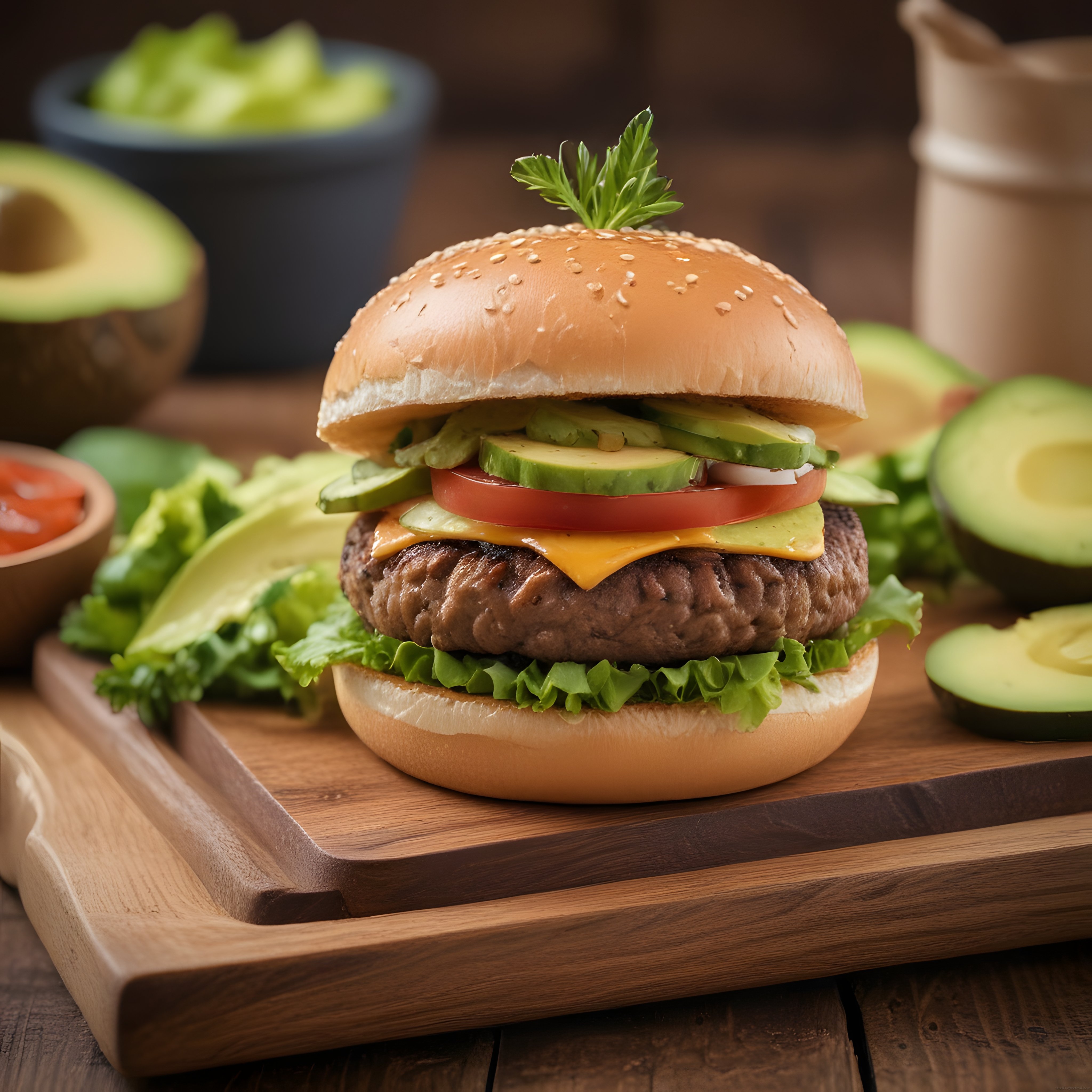 Avokadolu susamlı hamburger, taze malzemelerle ahşap sunum tahtası üzerinde