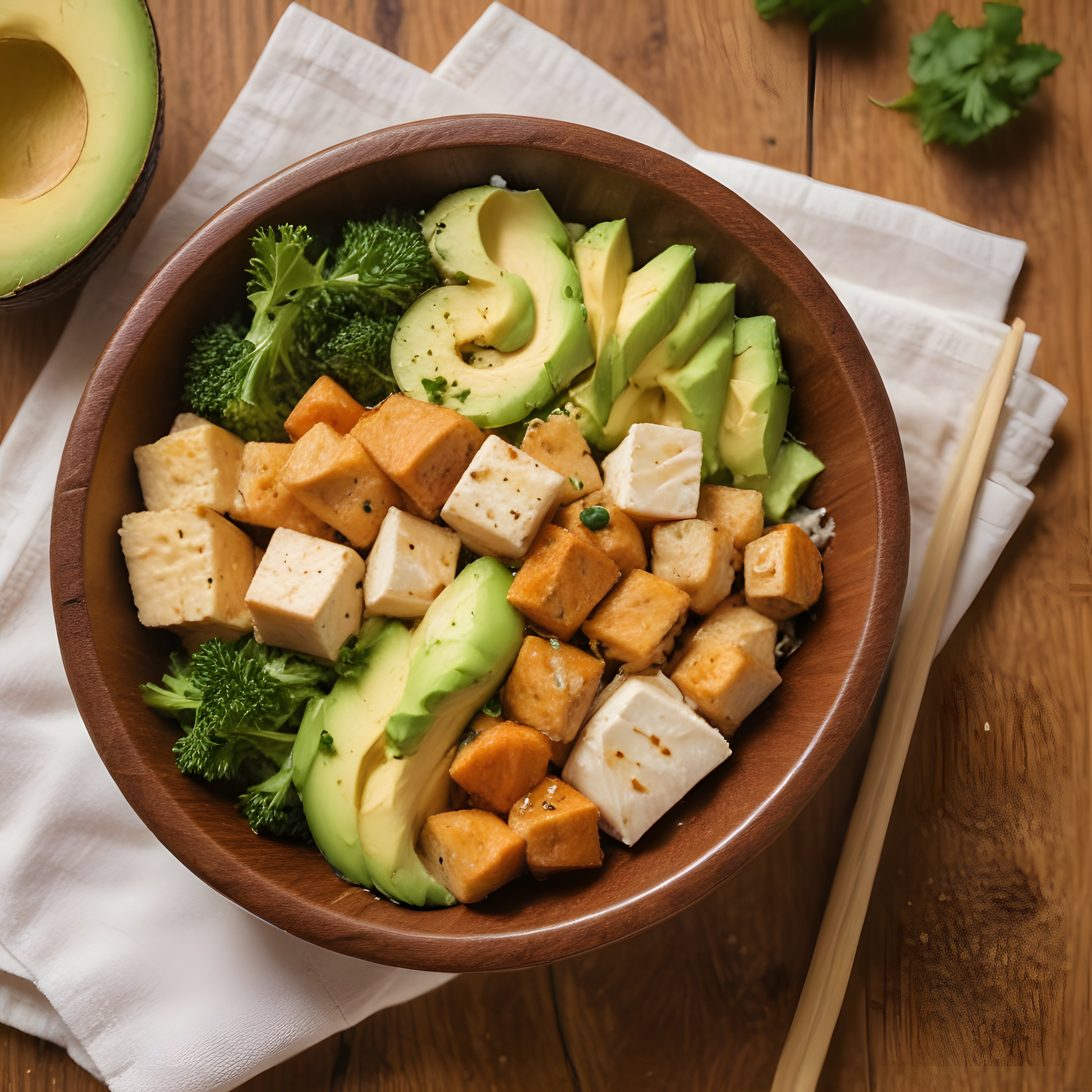 Avokadolu Tofu Bowl: Ahşap Kasede Sağlıklı Vegan Beslenme ve Renkli Sebzeler