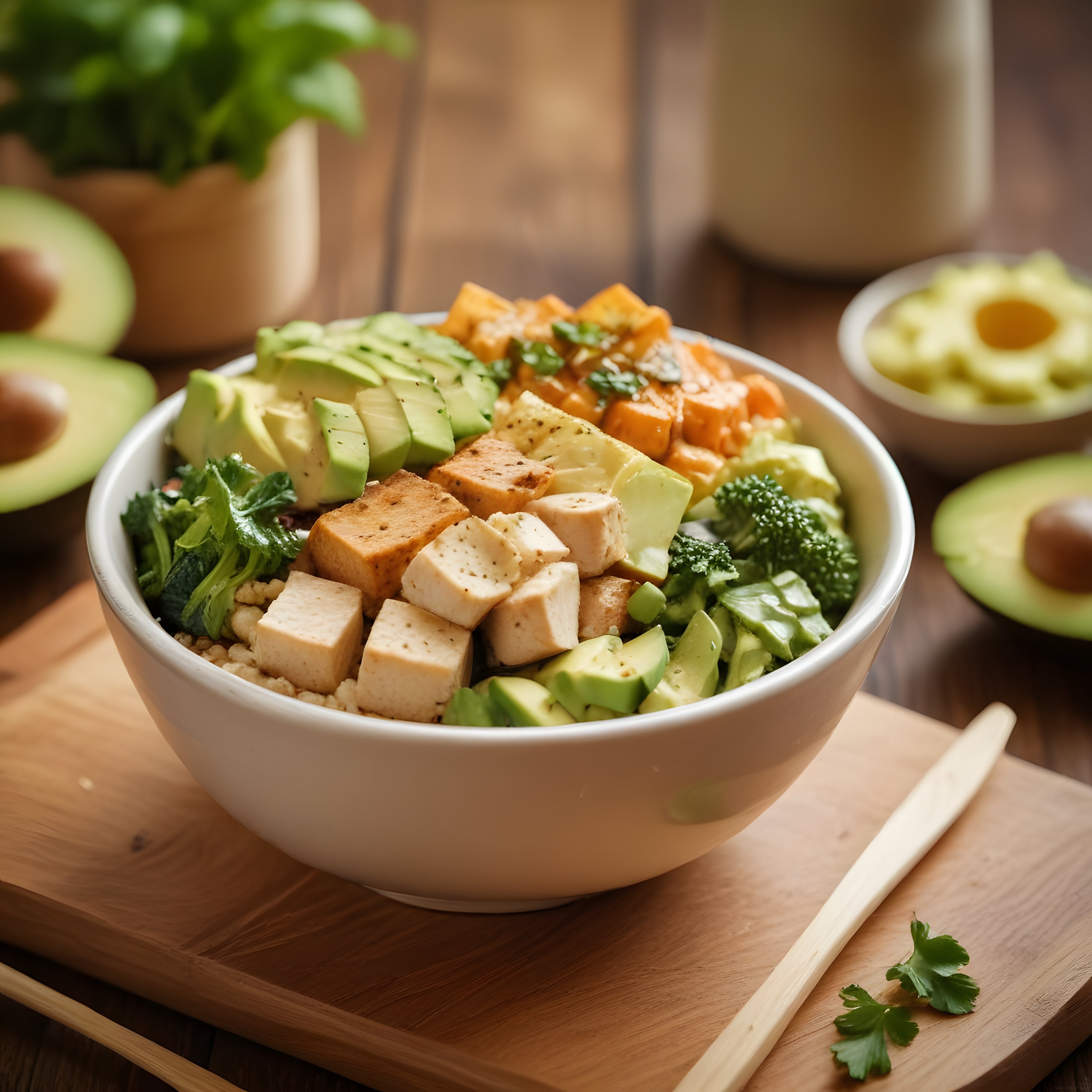 Avokadolu Tofulu ve Brokolili Renkli Buddha Bowl ile Besleyici Öğün Sunumu