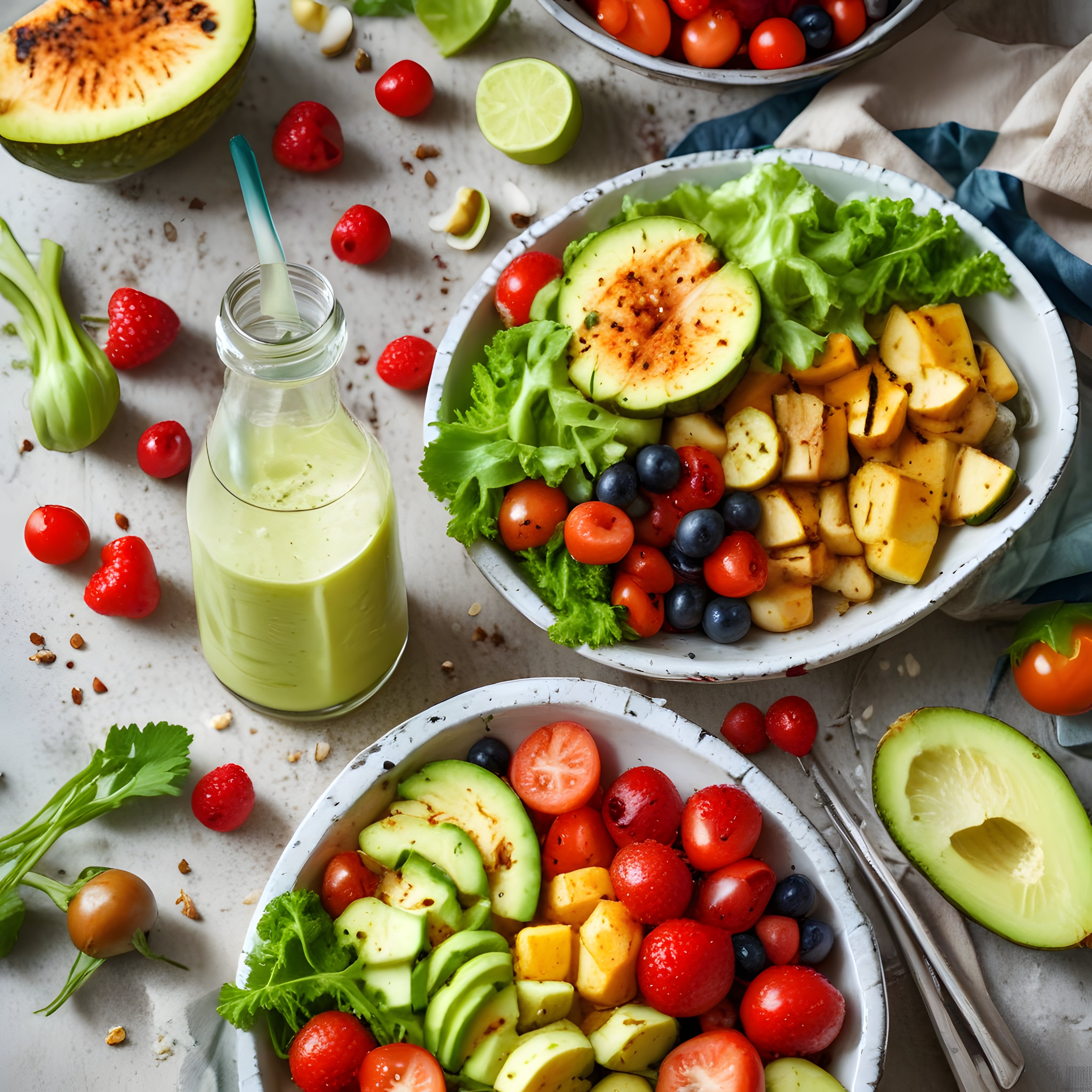 Avokadolu ve Meyveli Renkli Vegan Beslenme Kaseleri ile Sağlıklı Sunum