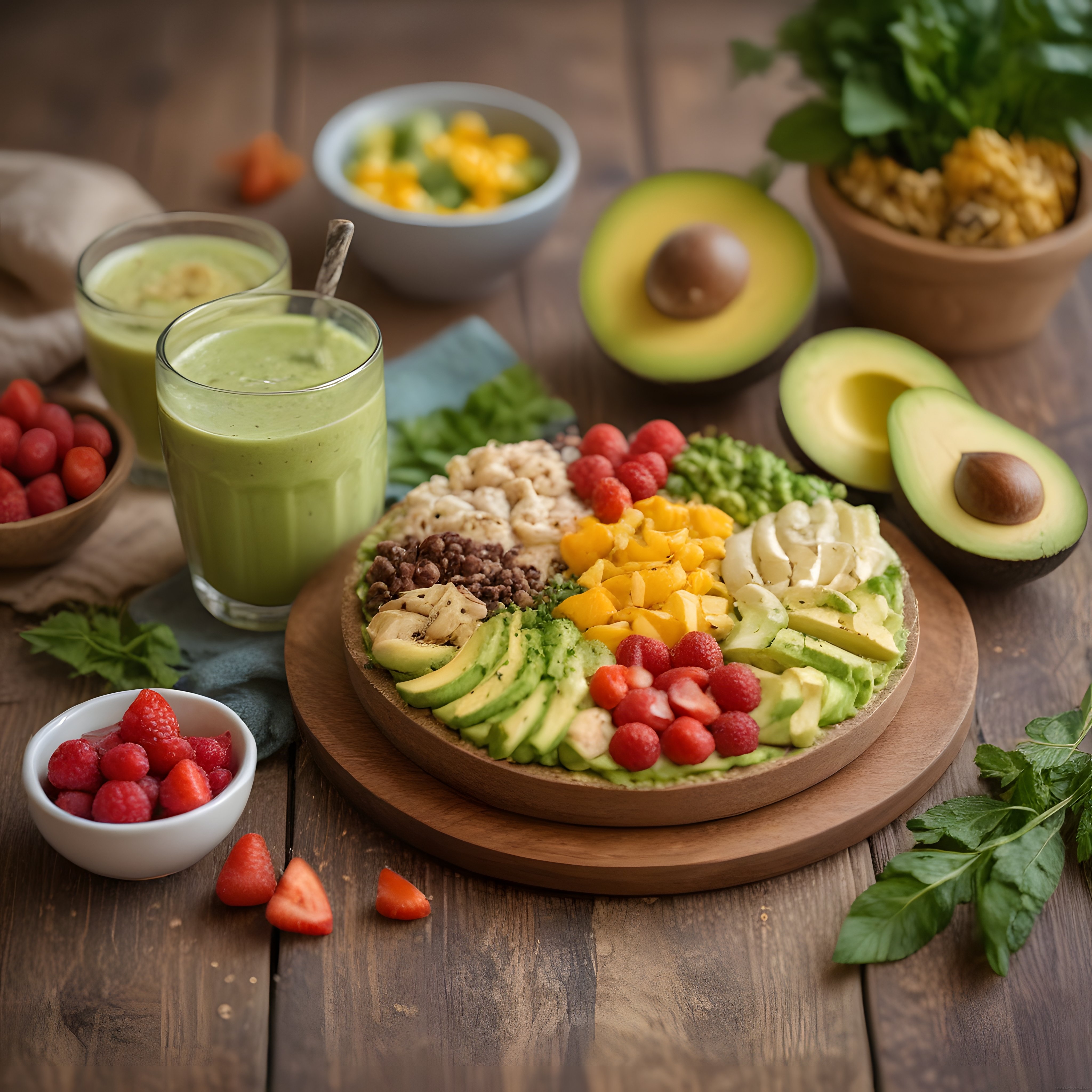 Avokadolu ve Orman Meyveli Renkli Sağlıklı Smoothie Bowl Kahvaltı Sunumu