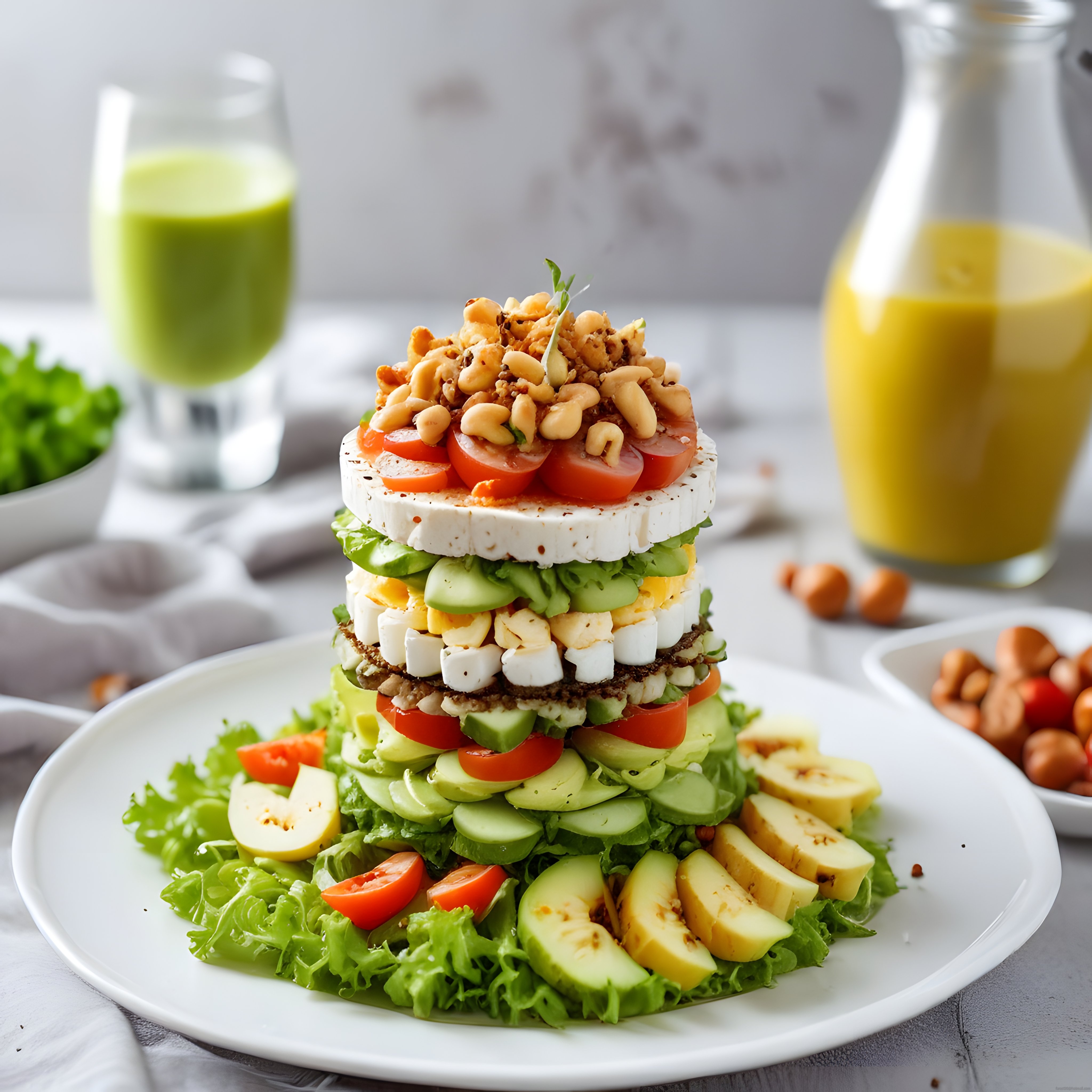 Avokadolu ve Peynirli Katmanlı Salata Kulesi ile Sağlıklı Bir Öğün