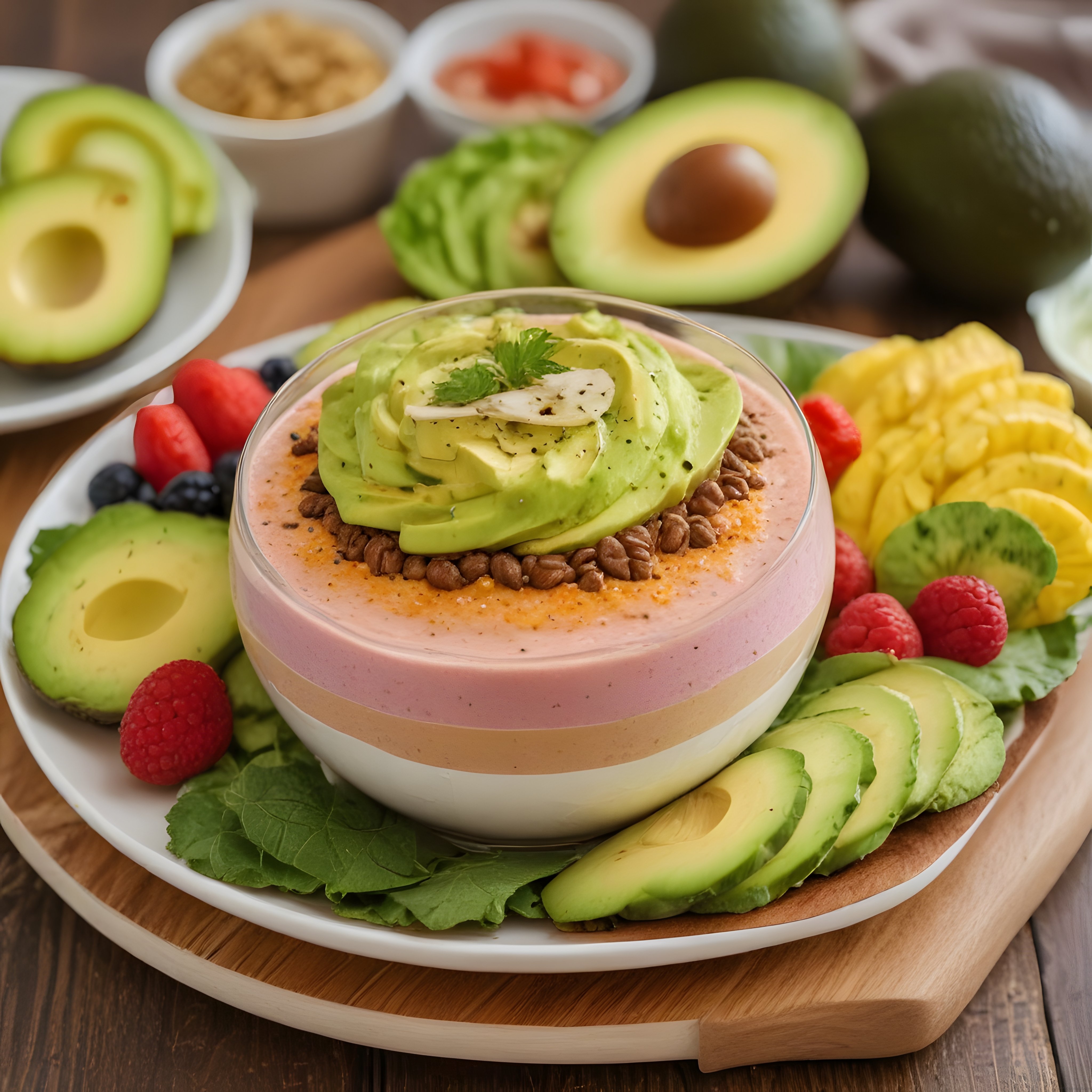 Avokadolu ve Tropik Meyveli Renkli Katmanlı Smoothie Bowl Kahvaltısı