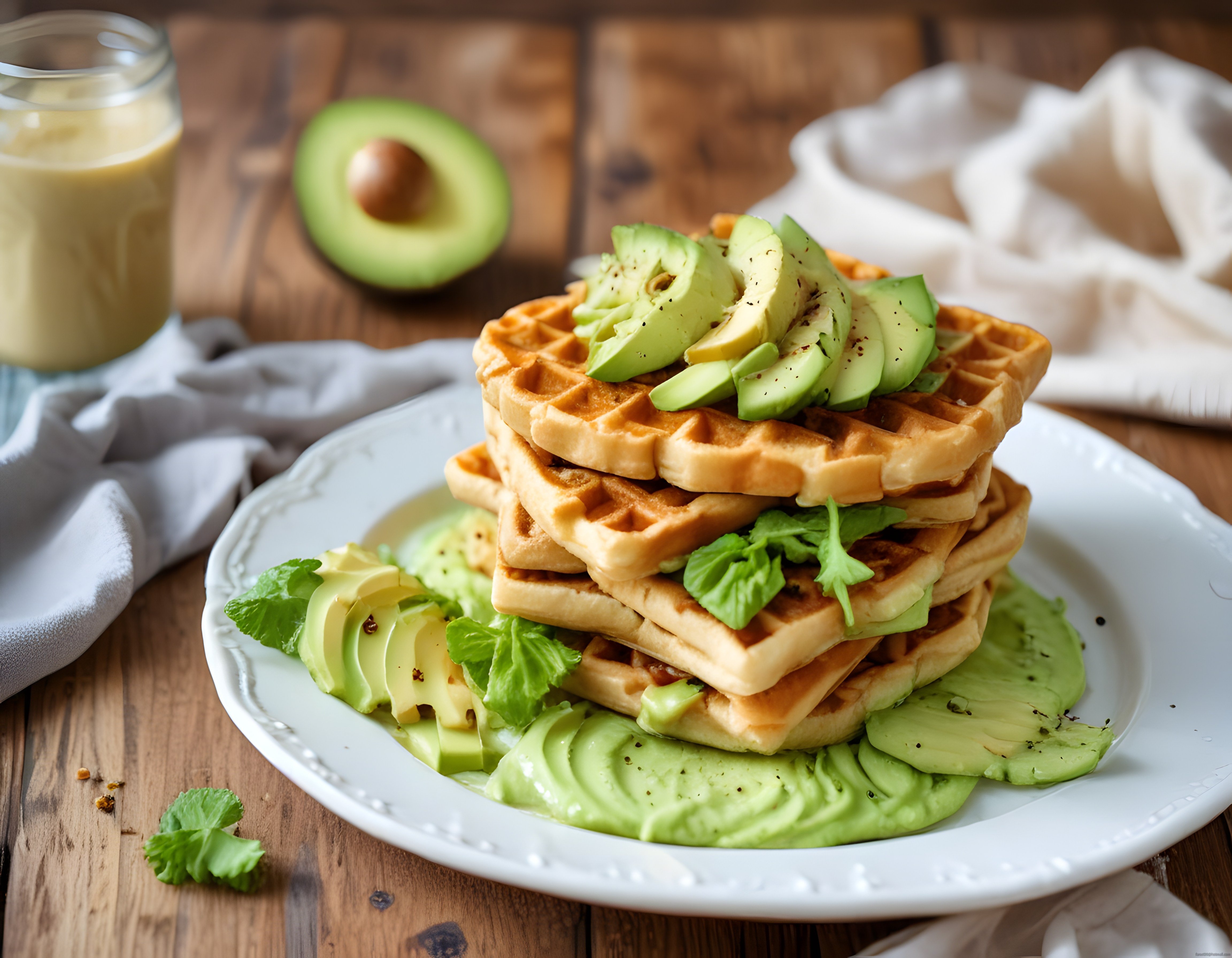 Avokadolu Waffle Üstü Dilimlenmiş Taze Avokado ile Kahvaltılık