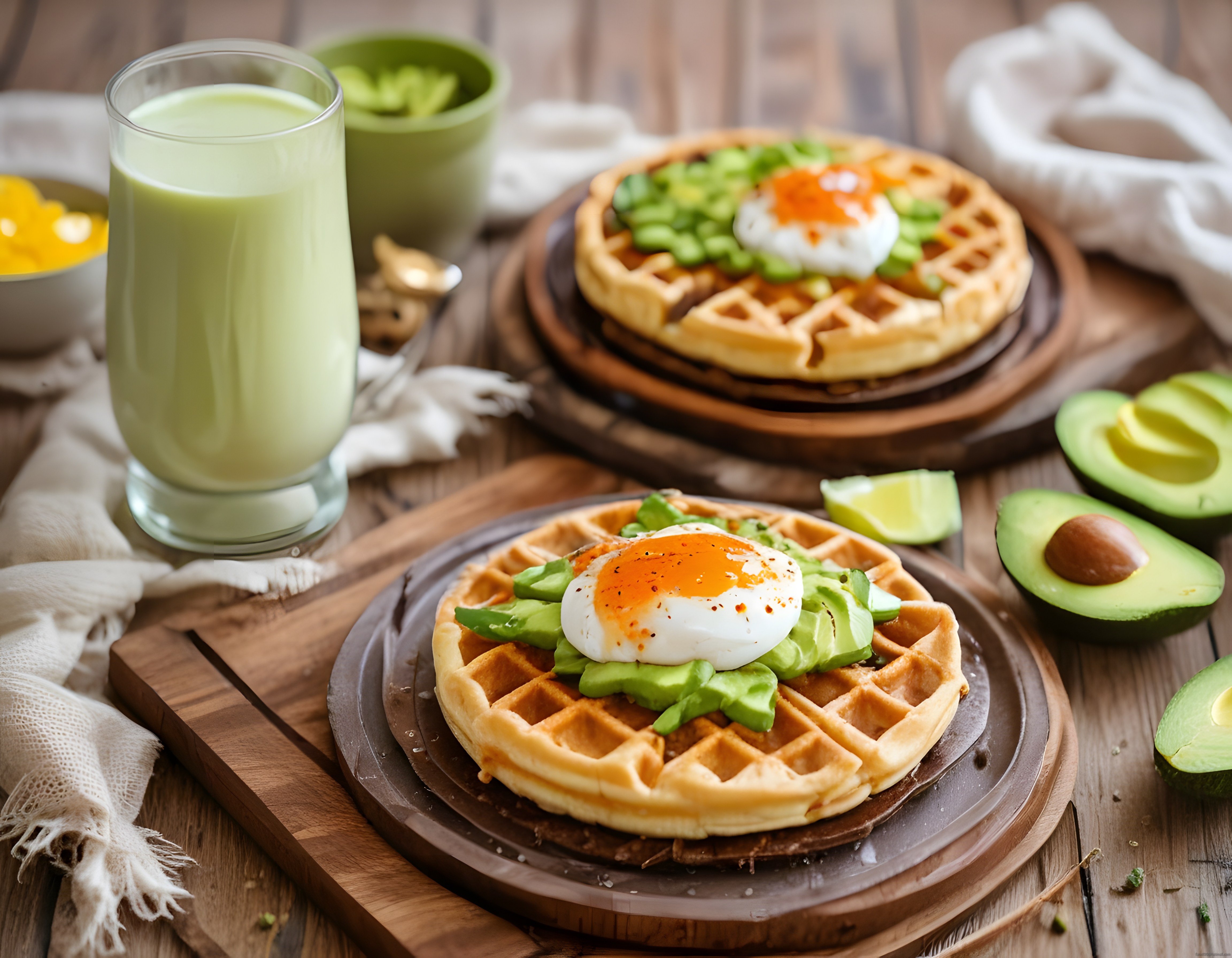 Avokadolu Waffle Üzerinde Poşe Yumurta ve Yeşil Smoothie ile Sağlıklı Kahvaltı