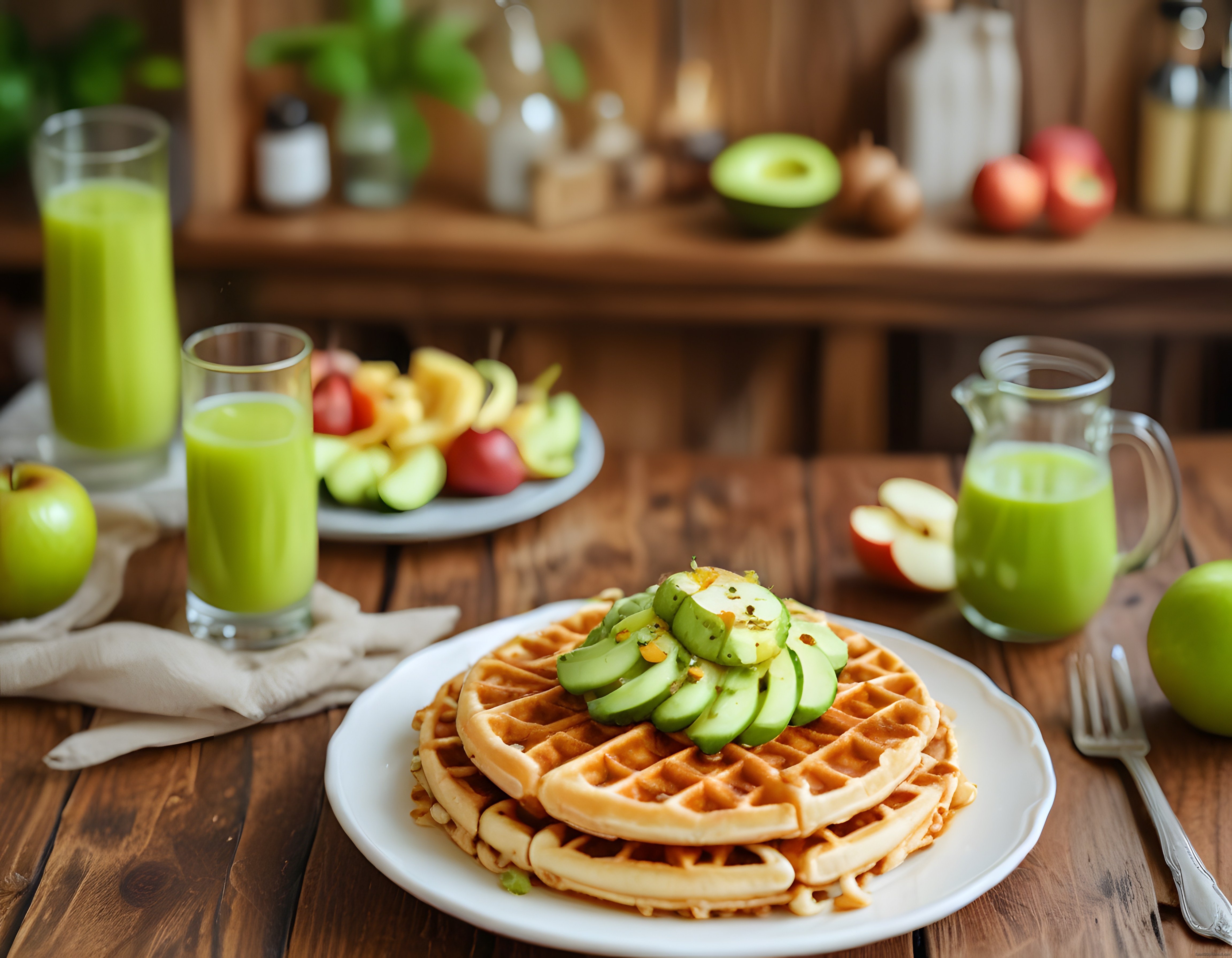 Avokadolu Waffle ve Taze Yeşil Smoothie ile Renkli Kahvaltı Masası
