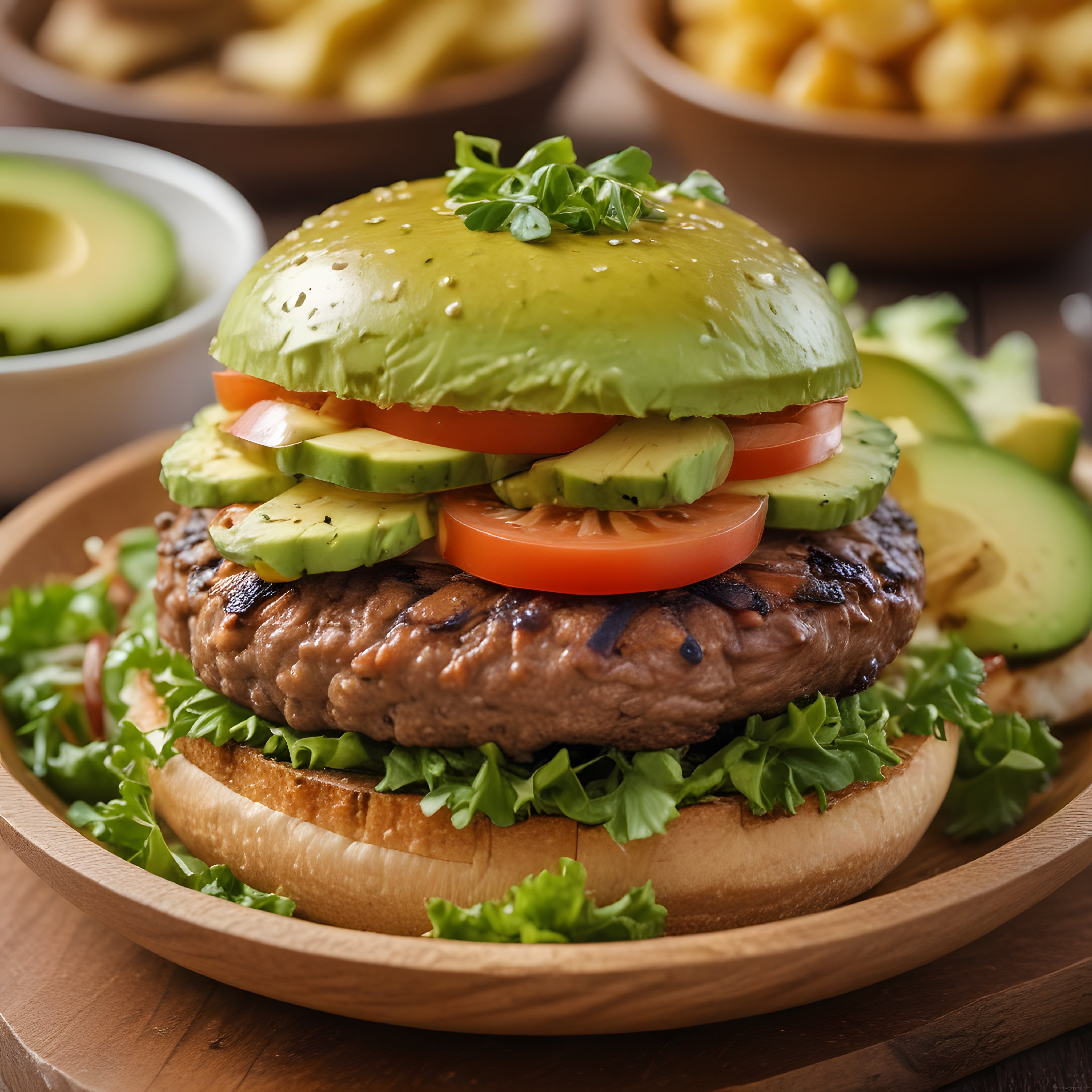 Avokadolu Yaratıcı Burger Sunumu: Izgara Köfte ve Taze Malzemeler