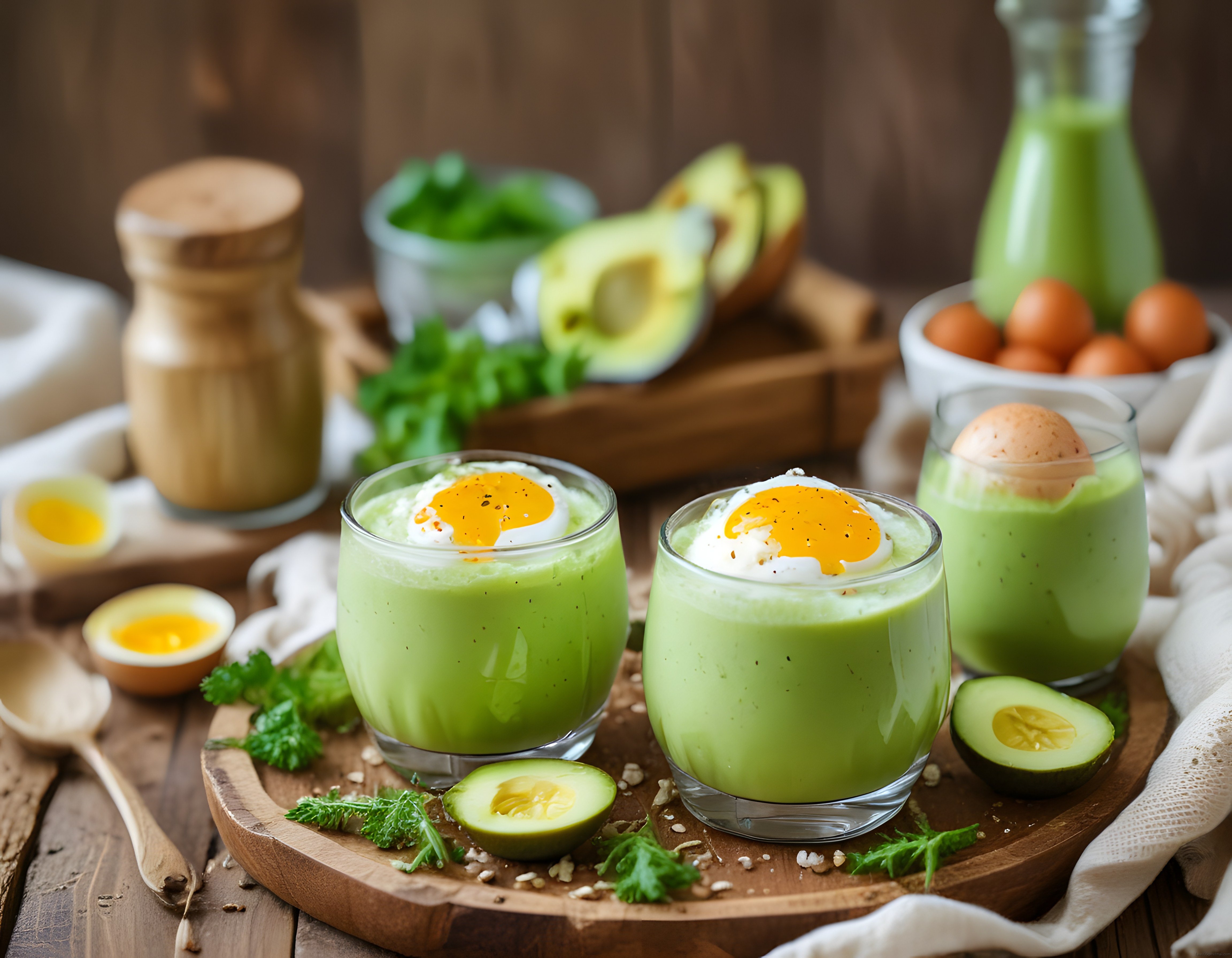 Avokadolu Yeşil Smoothie Bardaklarında Yumurta ile Sağlıklı Kahvaltı Sunumu
