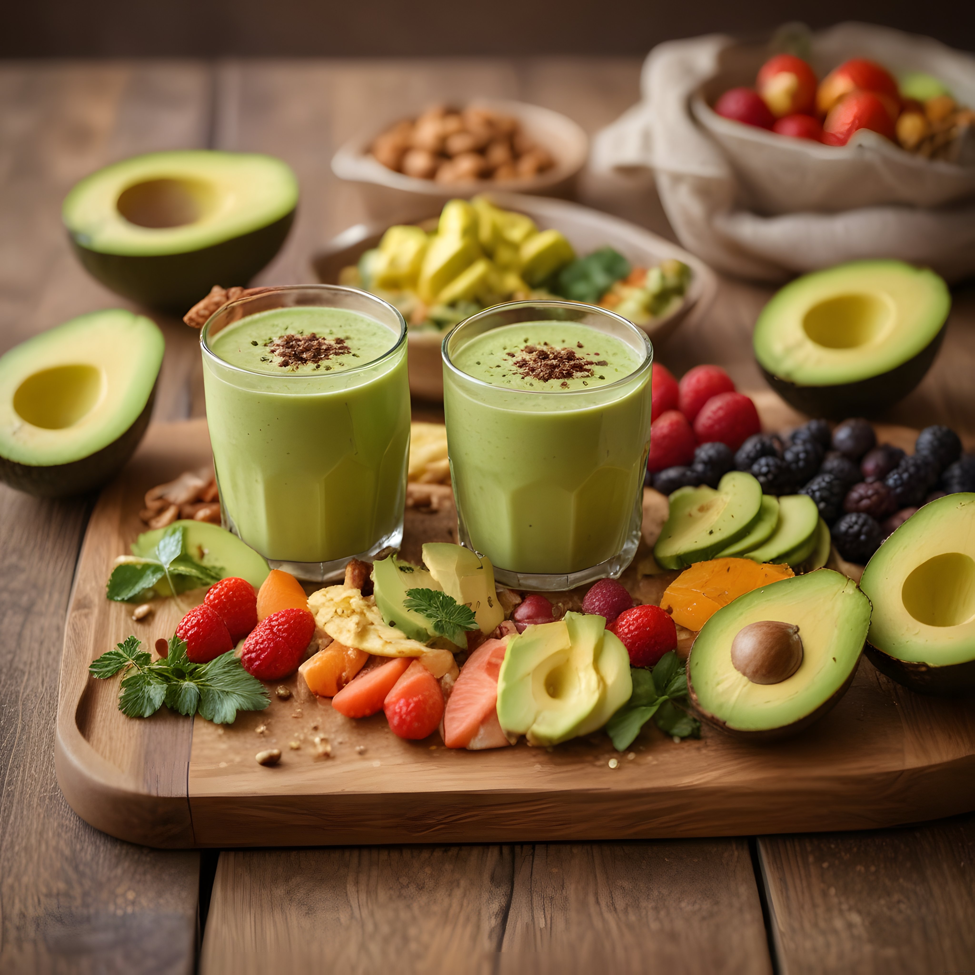 Avokadolu Yeşil Smoothie ve Taze Meyvelerle Sağlıklı Kahvaltı Sunumu