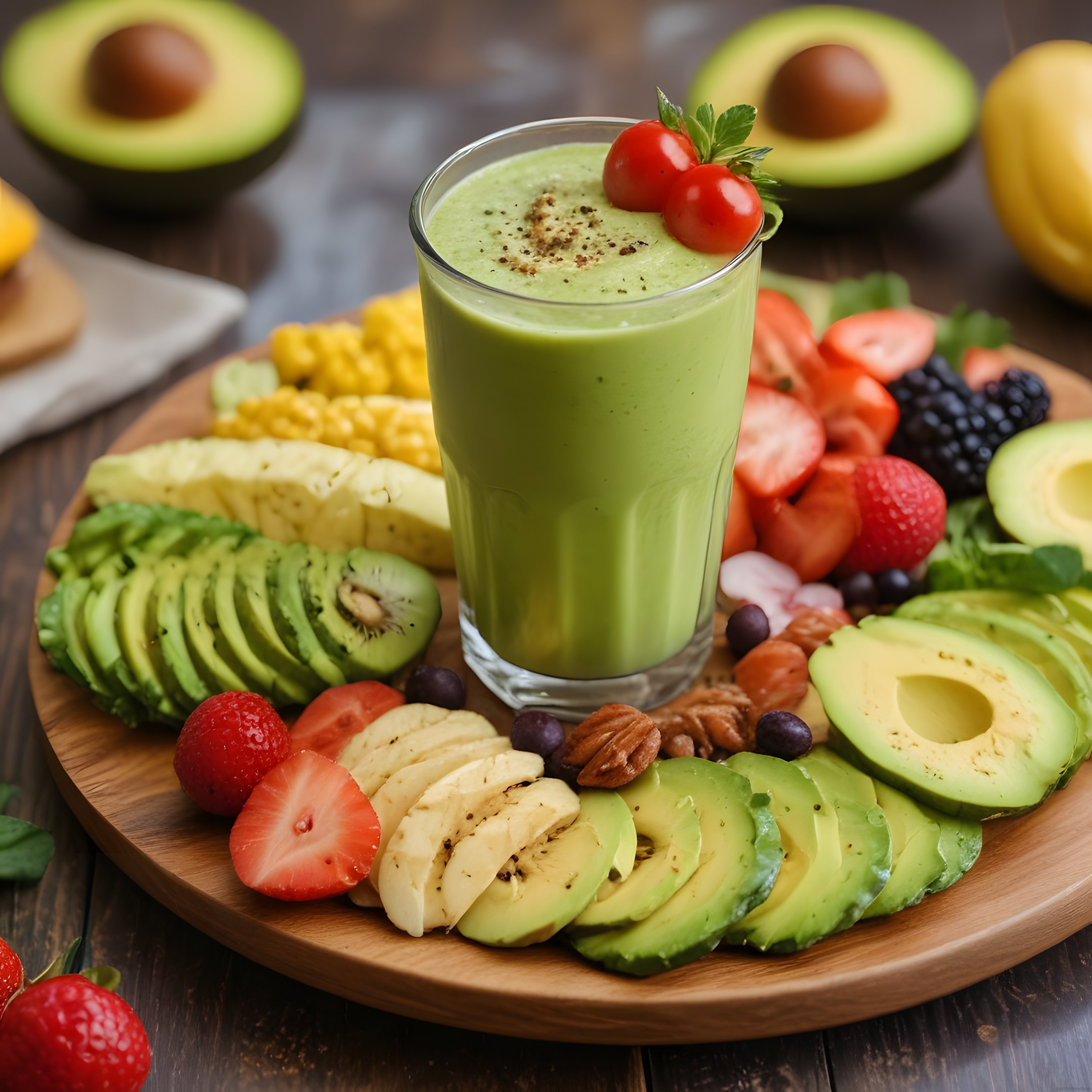 Avokadolu Yeşil Smoothie ve Taze Meyveli Sağlıklı Kahvaltı Tabağı