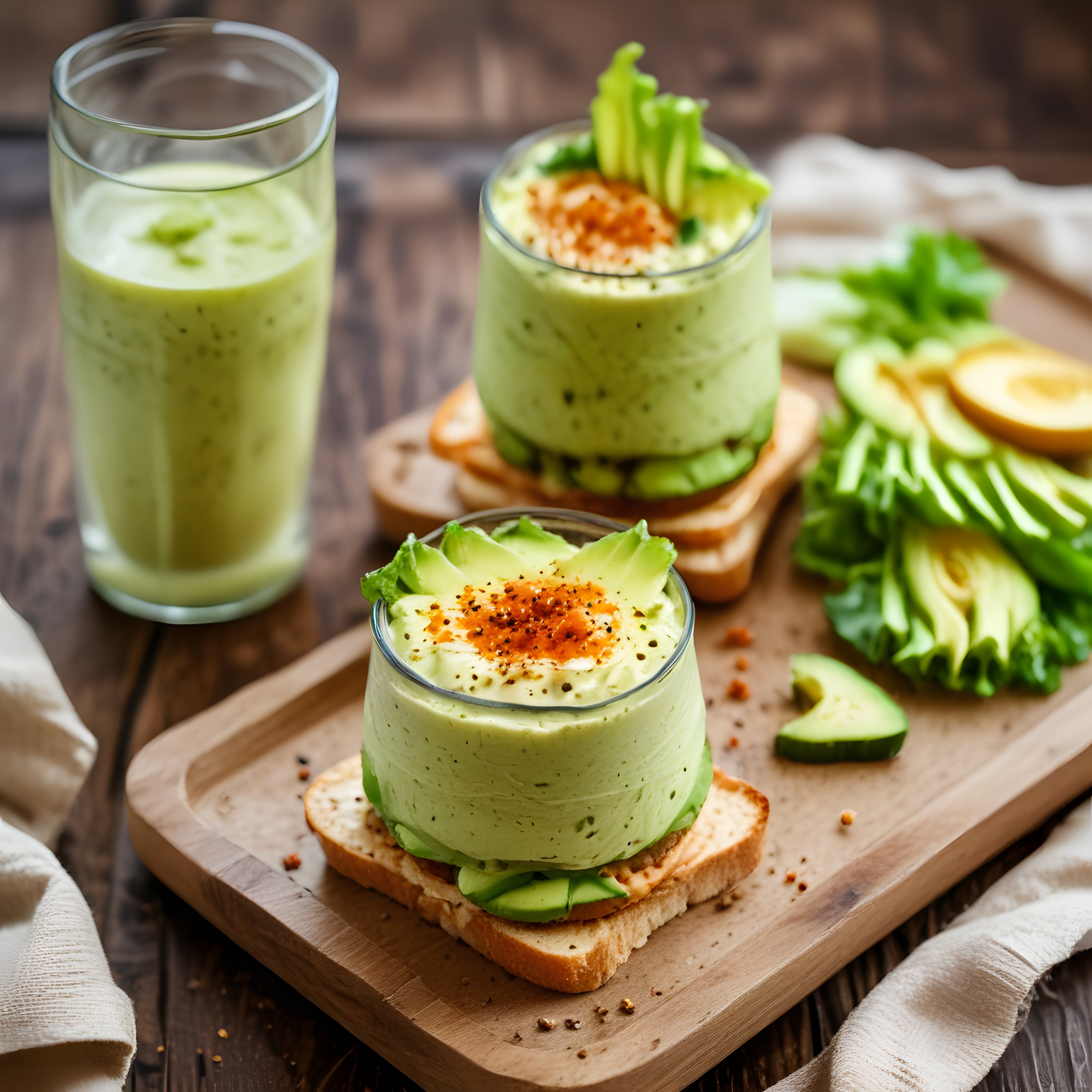 Avokadolu Yumurta Kanepe ve Yeşil Smoothie ile Sağlıklı Kahvaltı Sunumu