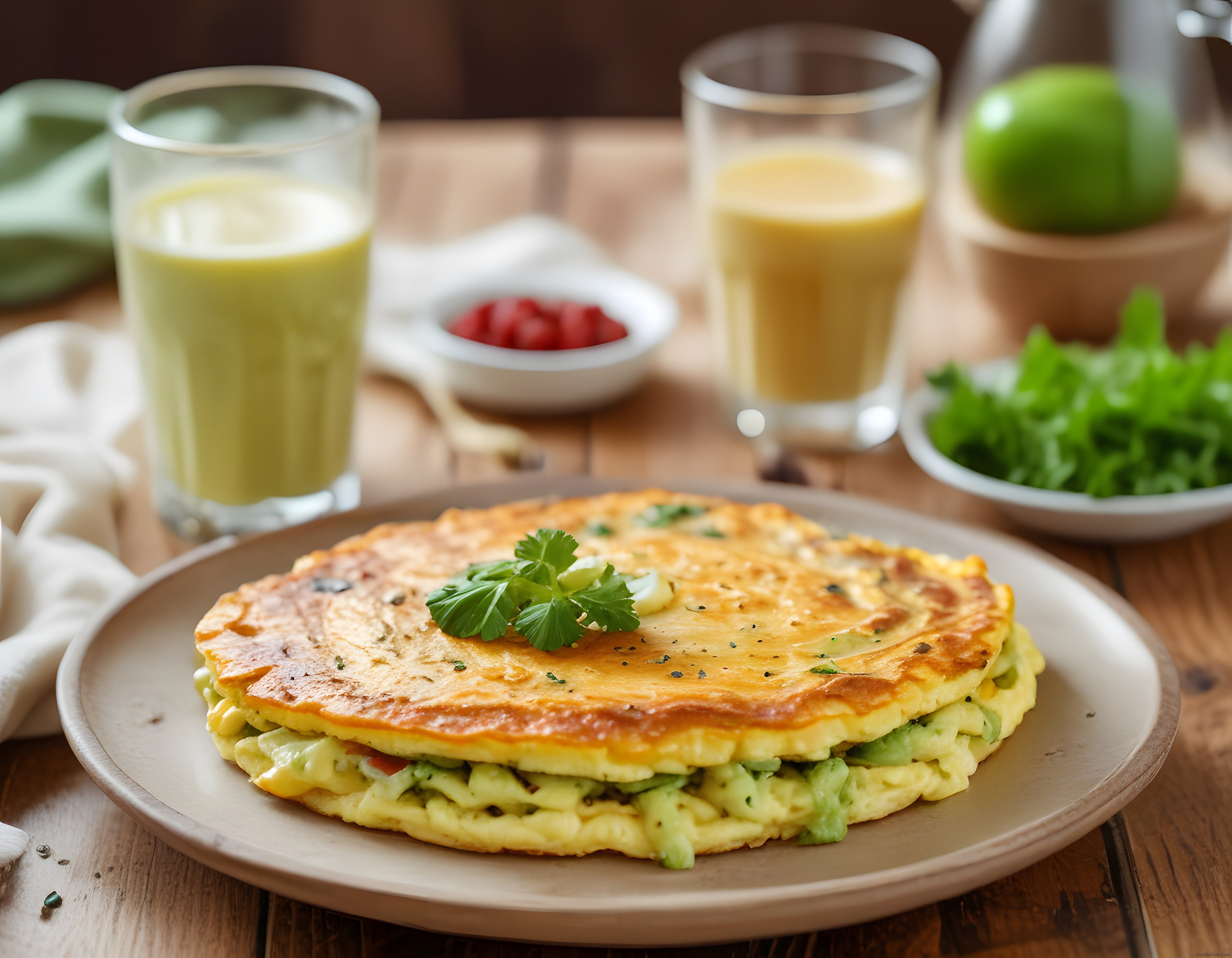 Avokadolu yumurta omleti ve taze meyve smoothieleriyle kahvaltı masası
