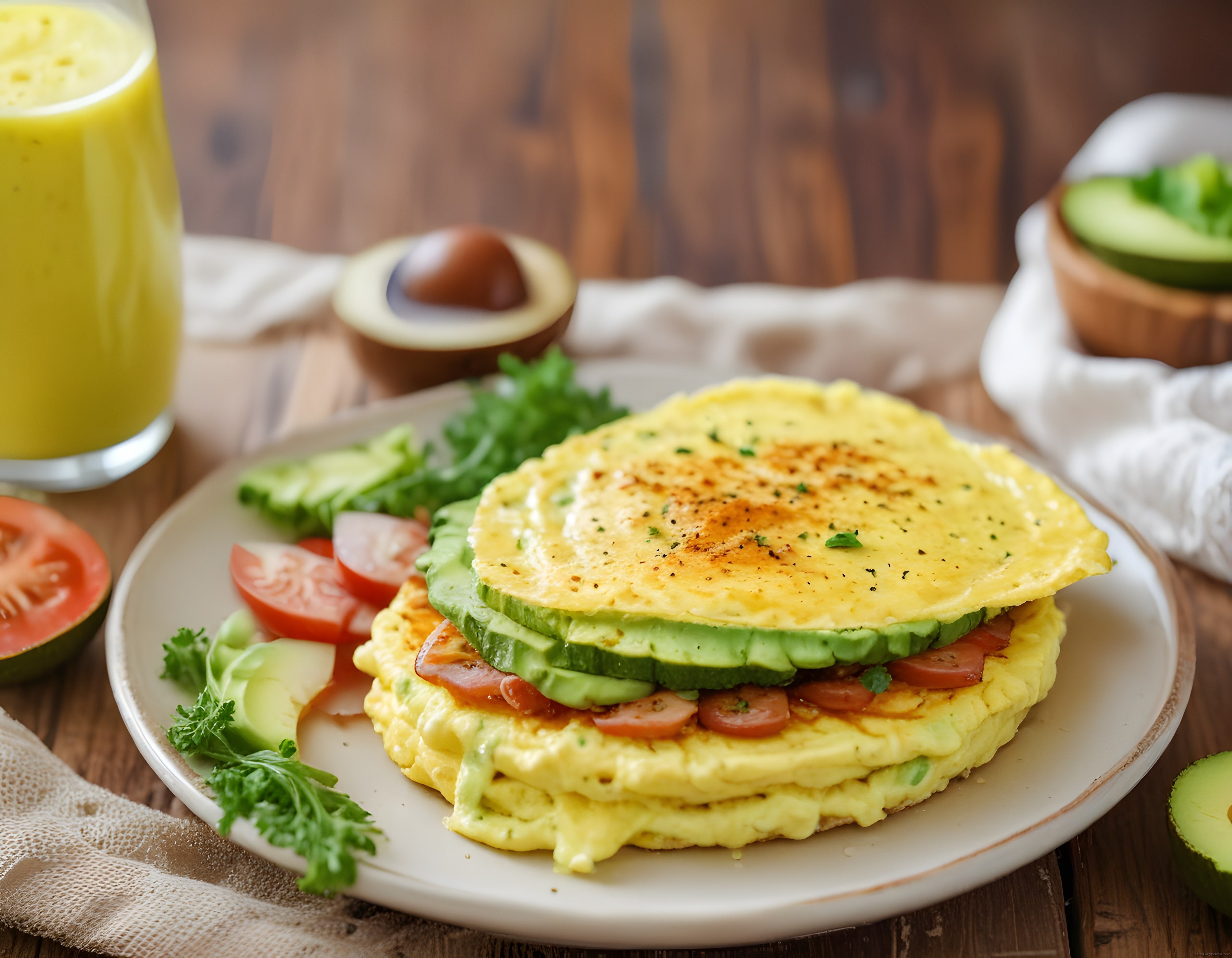 Avokadolu yumurta sandviçi ile protein dolu sağlıklı kahvaltı tabağı ve smoothie