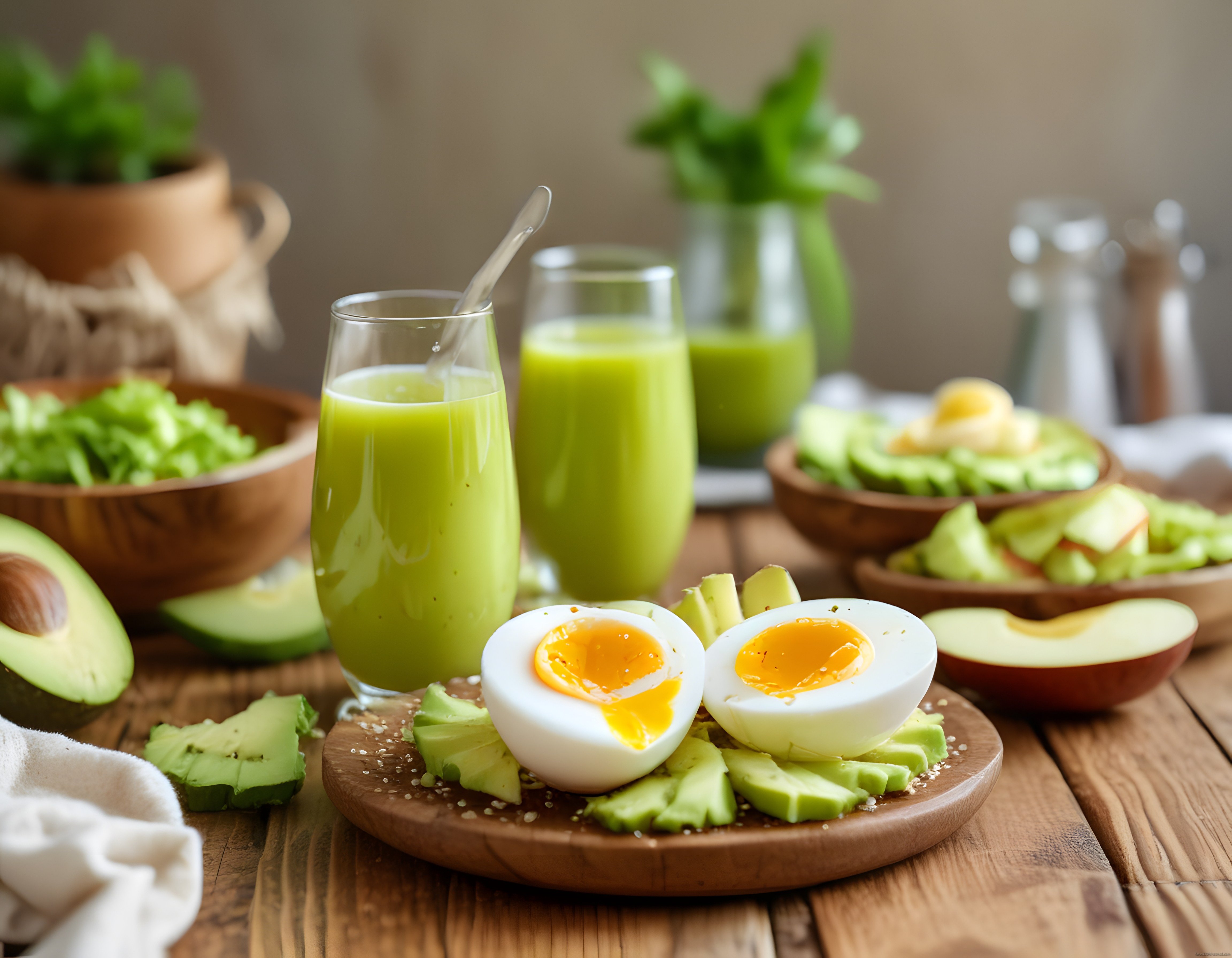 Avokadolu Yumurta ve Yeşil Smoothie ile Lezzetli ve Besleyici Kahvaltı Sunumu
