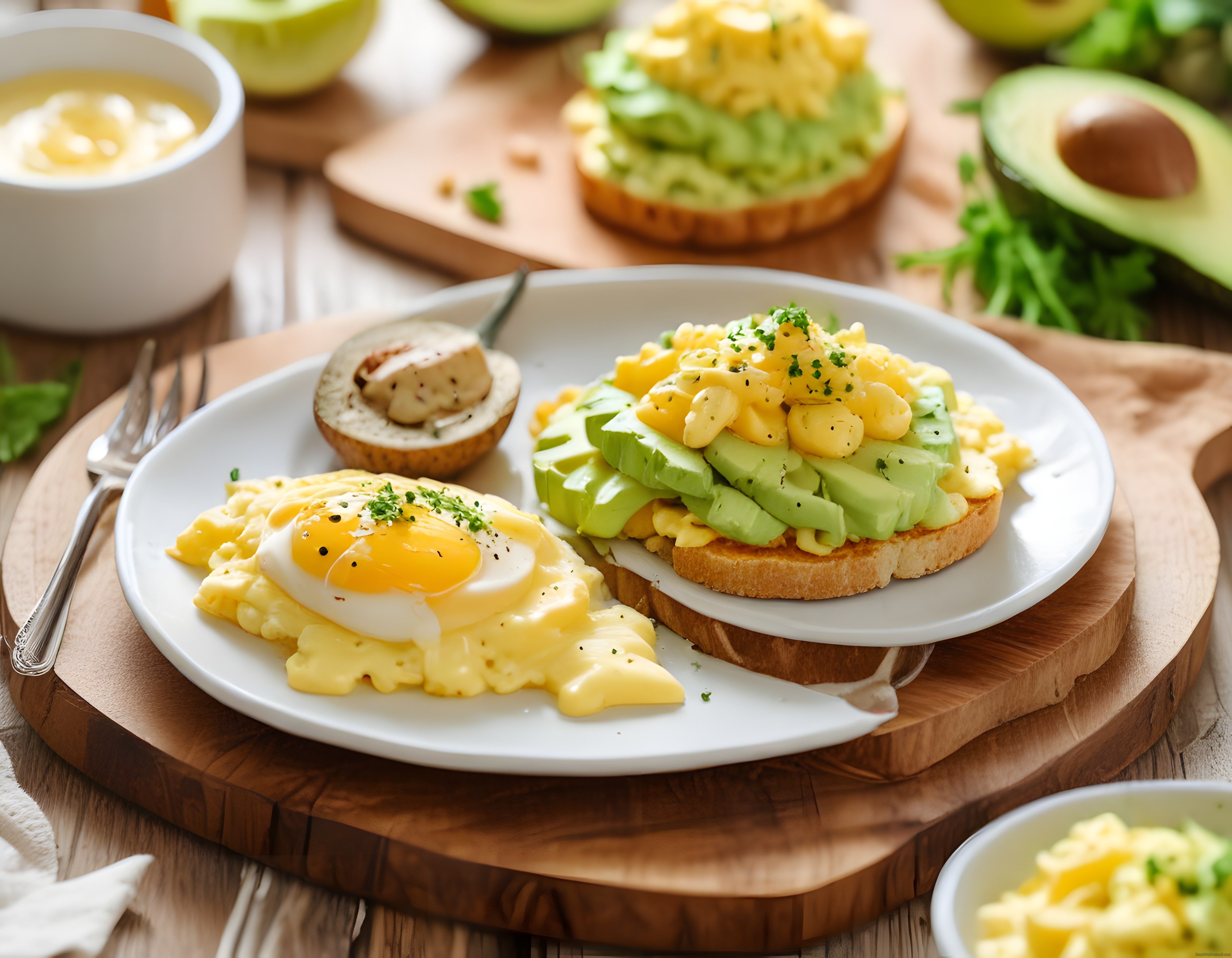 Avokadolu Yumurtalı Ekmek Üstü ve Kahvaltı Tabağı ile Lezzetli Brunch Sunumu