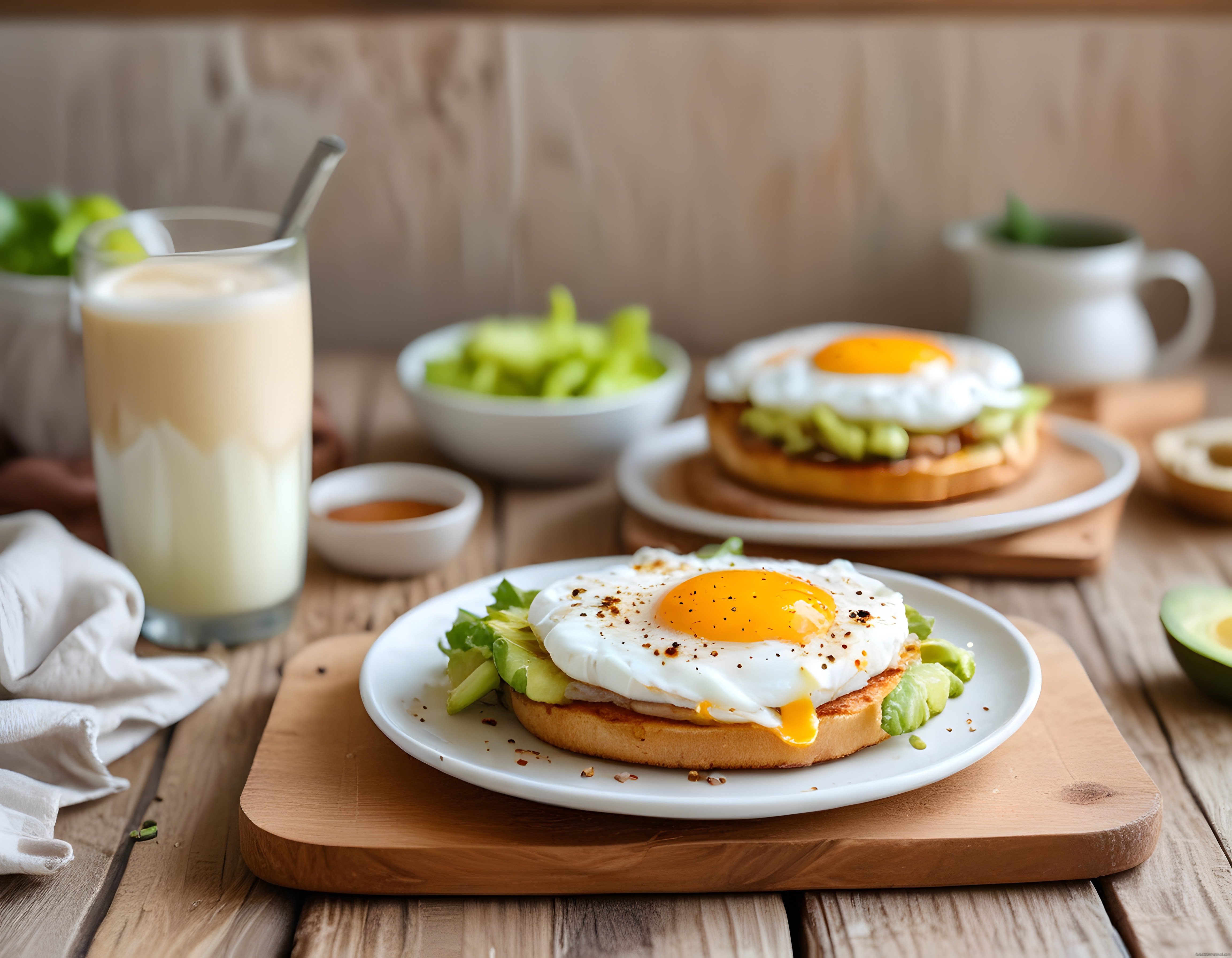 Avokadolu Yumurtalı Ekmek ve Buzlu Kahve ile Sıcak Bir Kahvaltı Masası