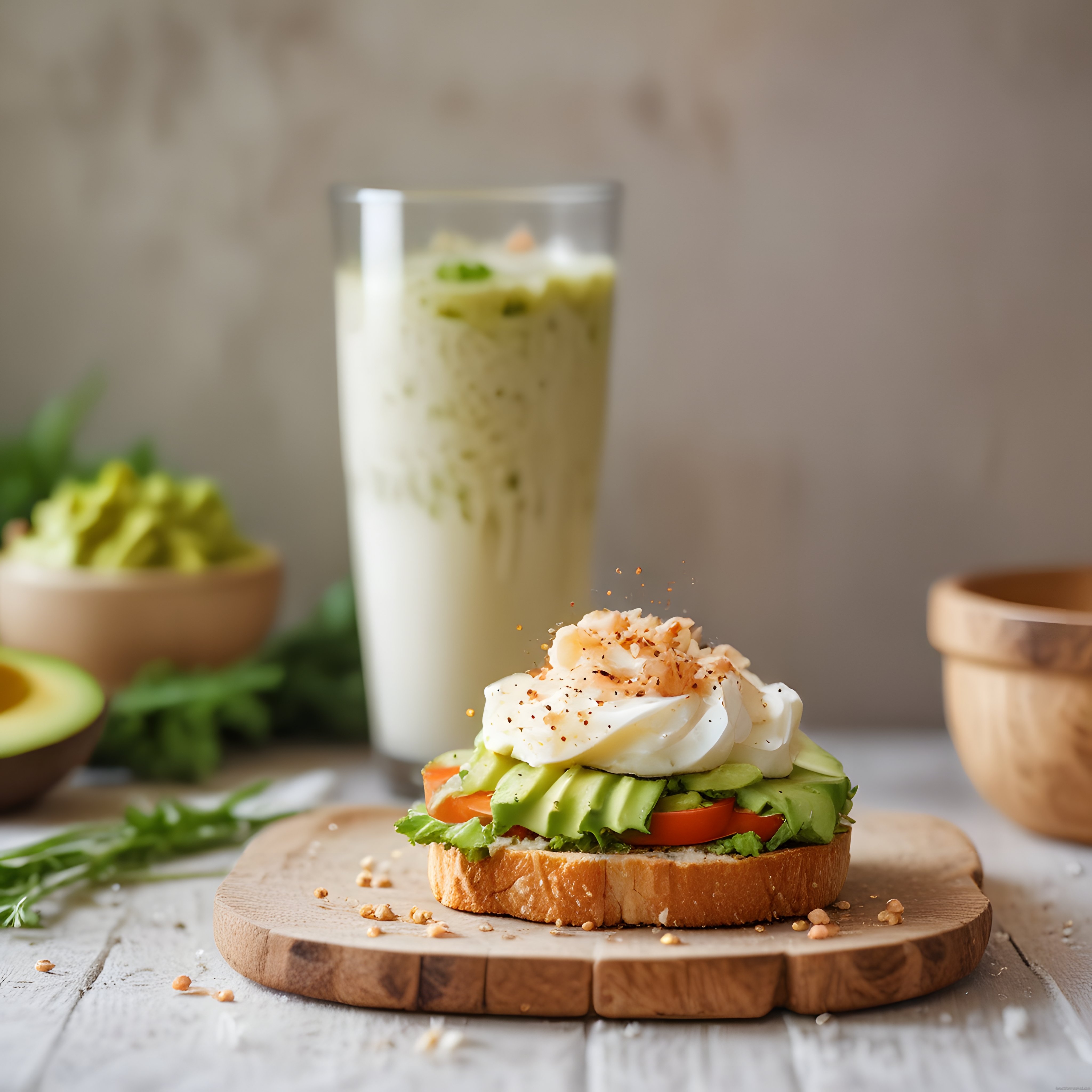 Avokadolu yumurtalı tost ve yeşil smoothie ile sağlıklı kahvaltı konsepti