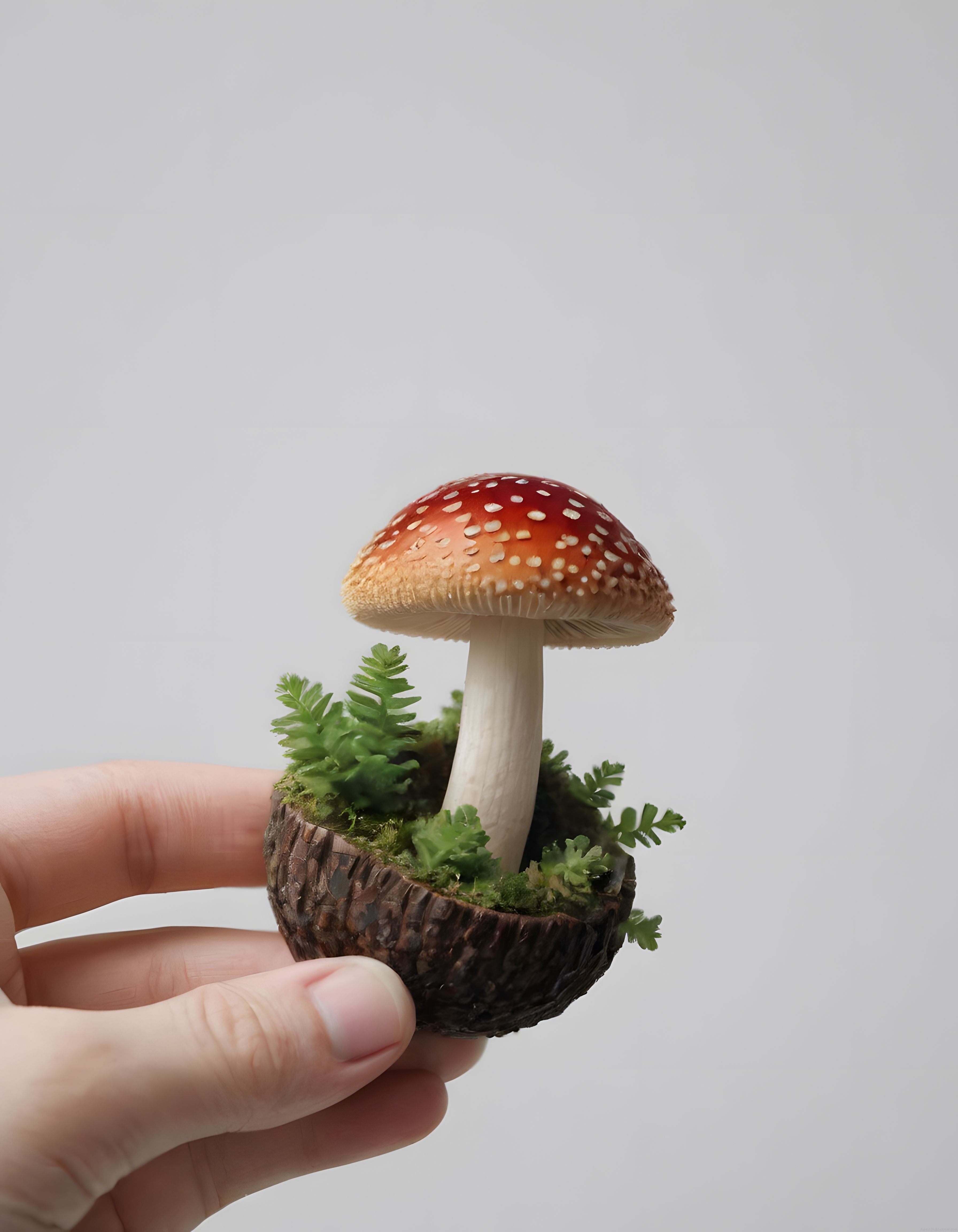Avuç İçindeki Kırmızı Benekli Mantar: Şirin Bir Mini Orman Dekoru ve Yosunlar