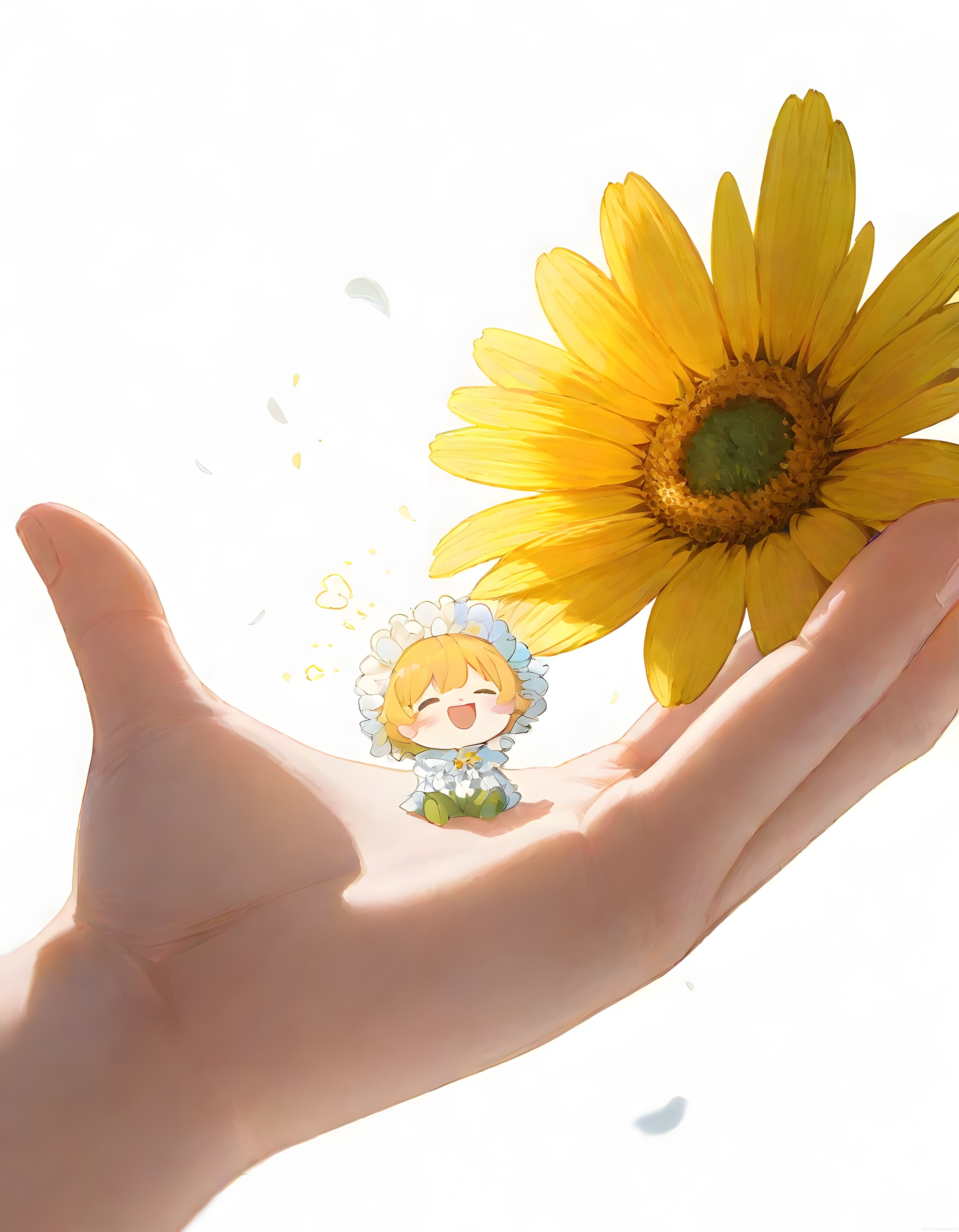 Avuç İçindeki Minik Çiçek Kız: Sıcacık Anime Dijital İllüstrasyon ve Papatya