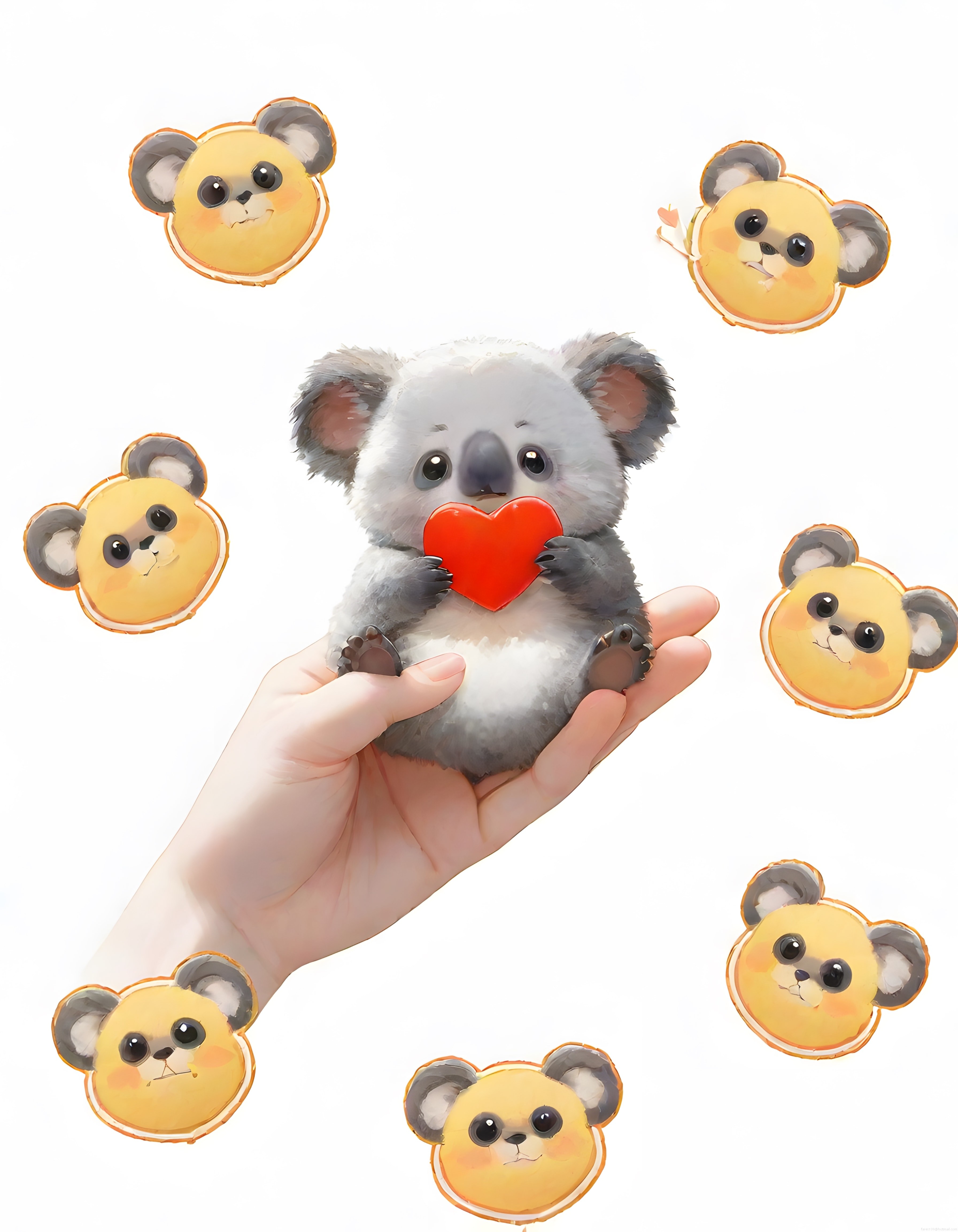Avuçta Kalp Tutan Sevimli Koala ve Su Boyalı İkonlarla Romantik Dijital Tasarım