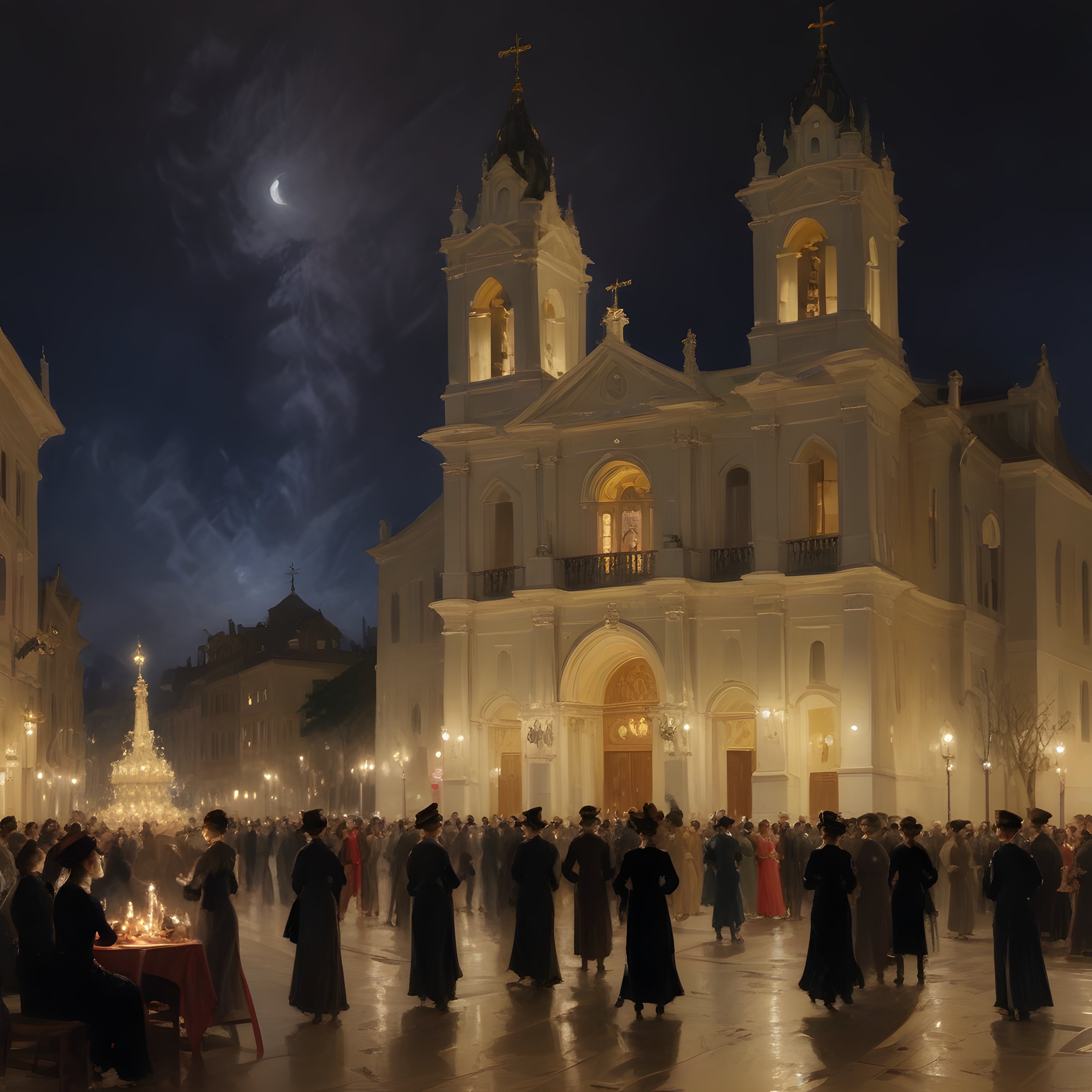 Ay Işığında Barok Kilise Önünde Toplanan Kalabalık ve Gizemli Dini Tören