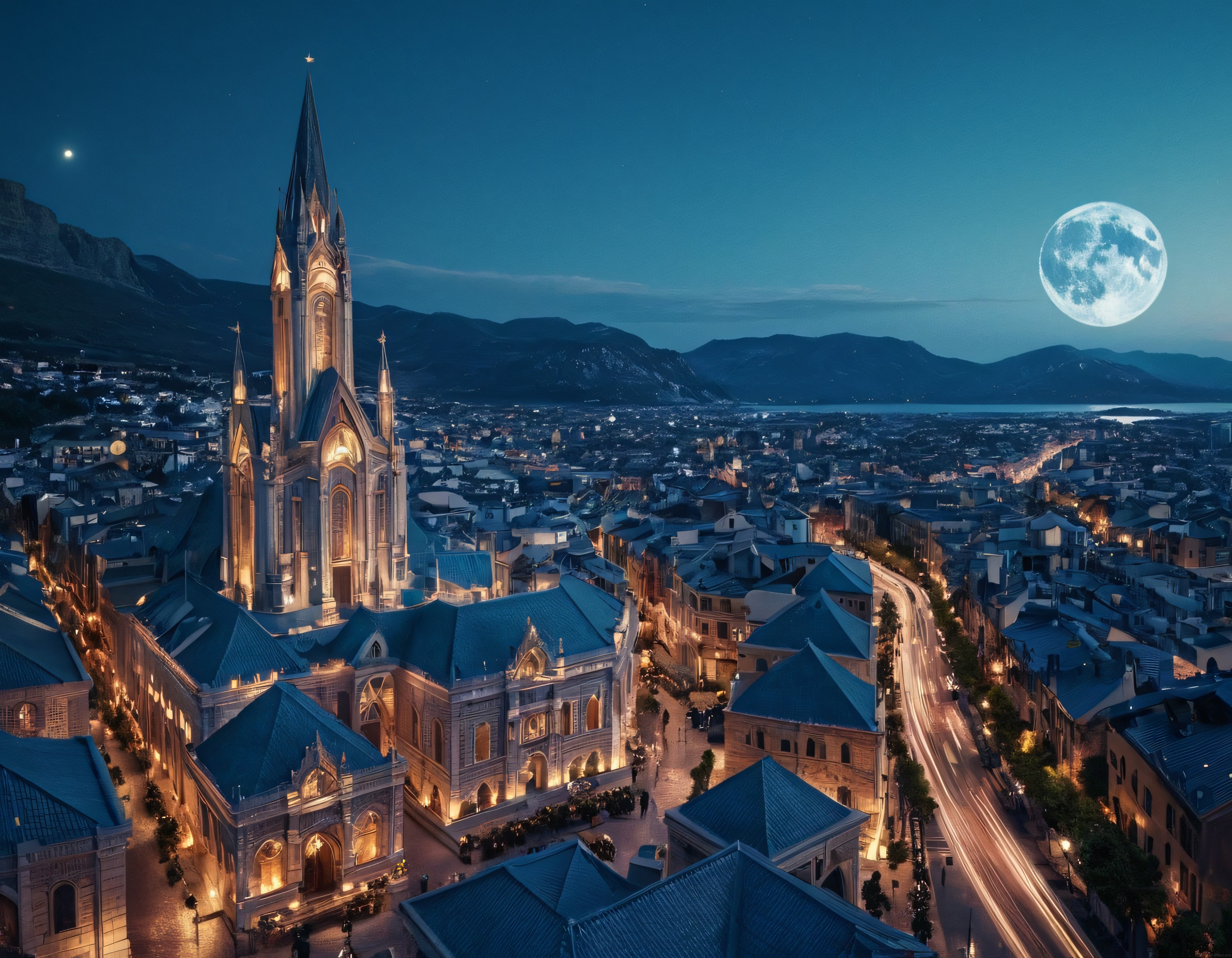 Ay Işığında Gotik Katedral ve Tarihi Şehrin Büyüleyici Gece Manzarası