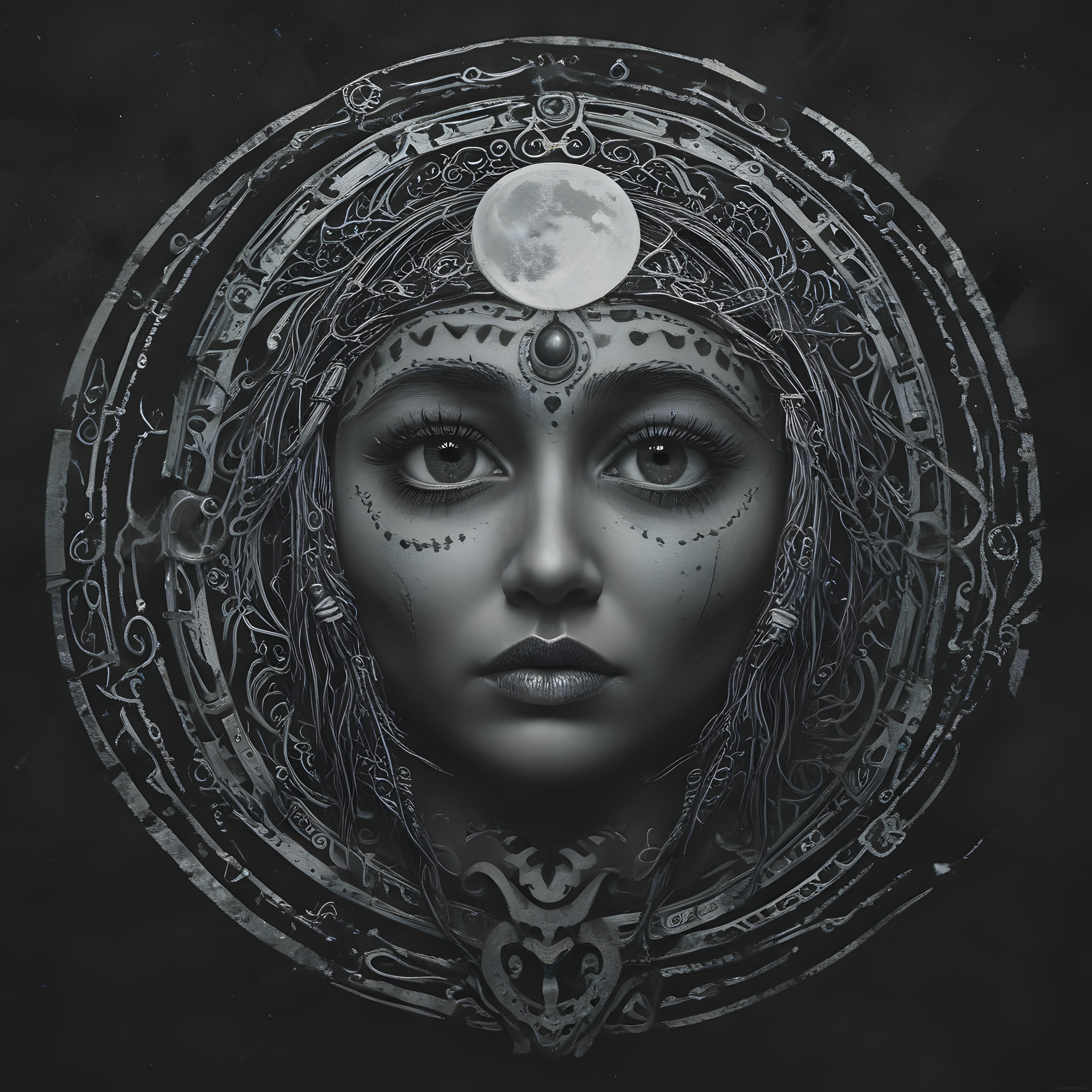 Ay Işığında Gotik Mandala ve Mistik Süslemelerle Bezilmiş Dijital Sanat Portresi