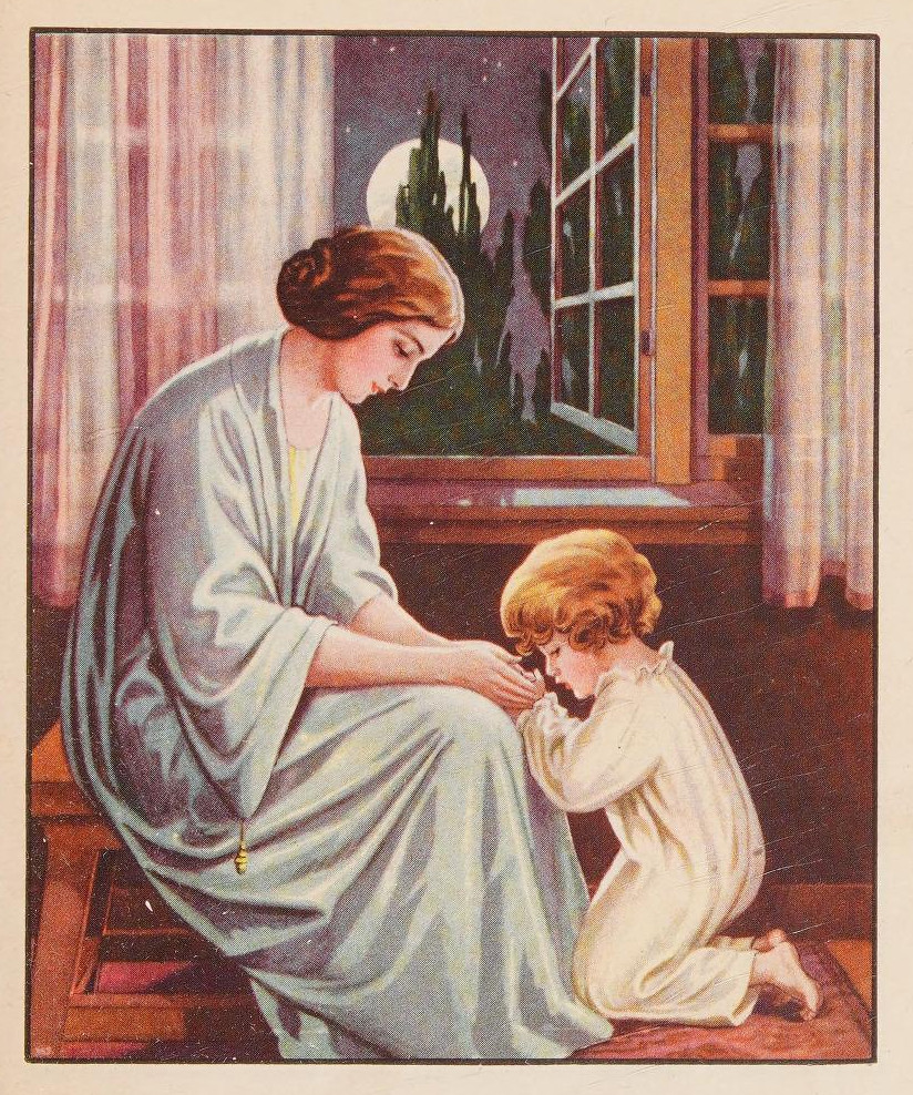 Ay Işığında Pencere Önünde Dua Eden Anne ve Çocuk: Nostaljik İllüstrasyon