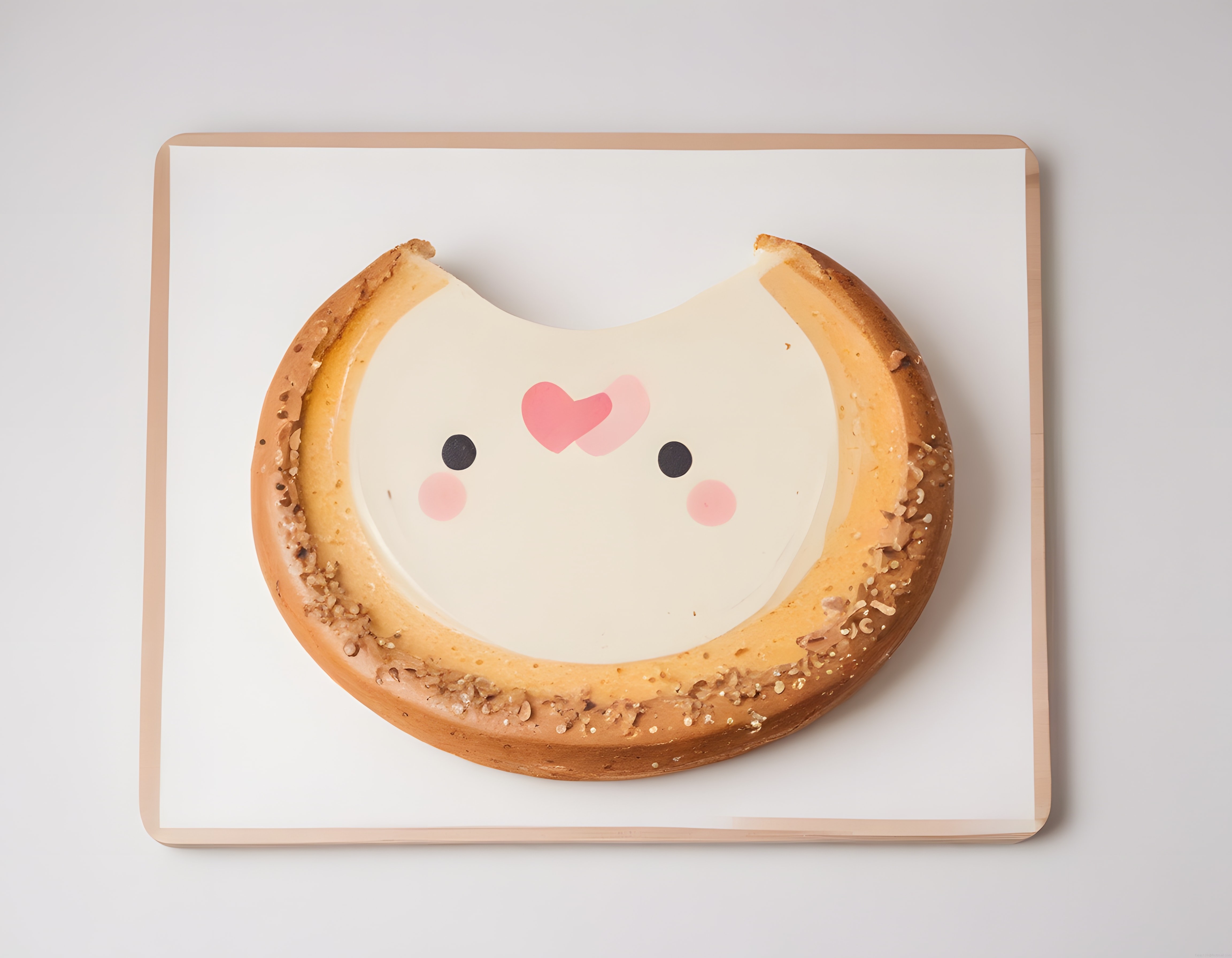 Ay şeklinde gevrek simit üzerindeki sevimli kawaii karakter ve minimal sunum
