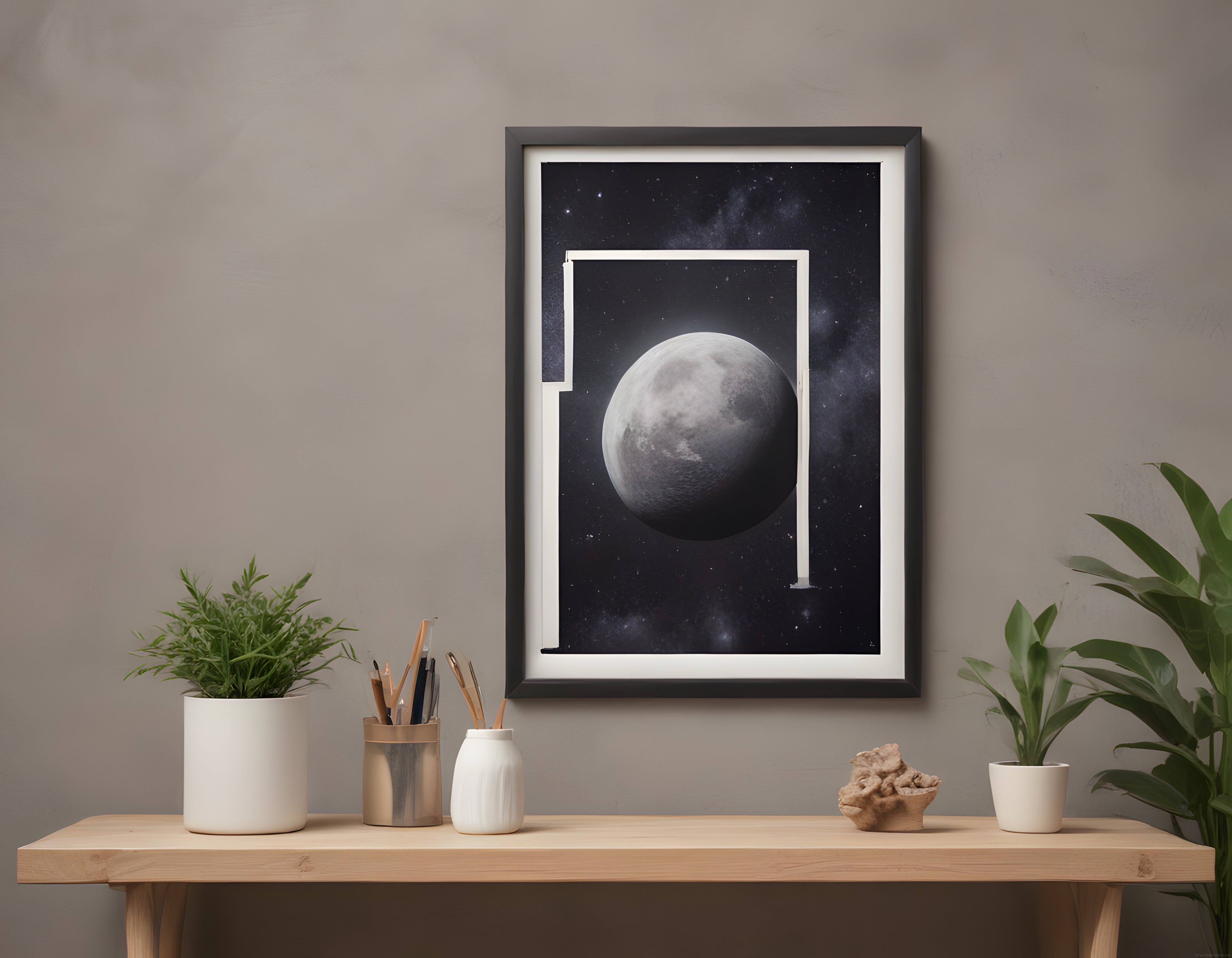 Ay ve Galaksi Temalı Çerçeveli Poster ile Modern Minimalist Ev Ofis Dekorasyonu