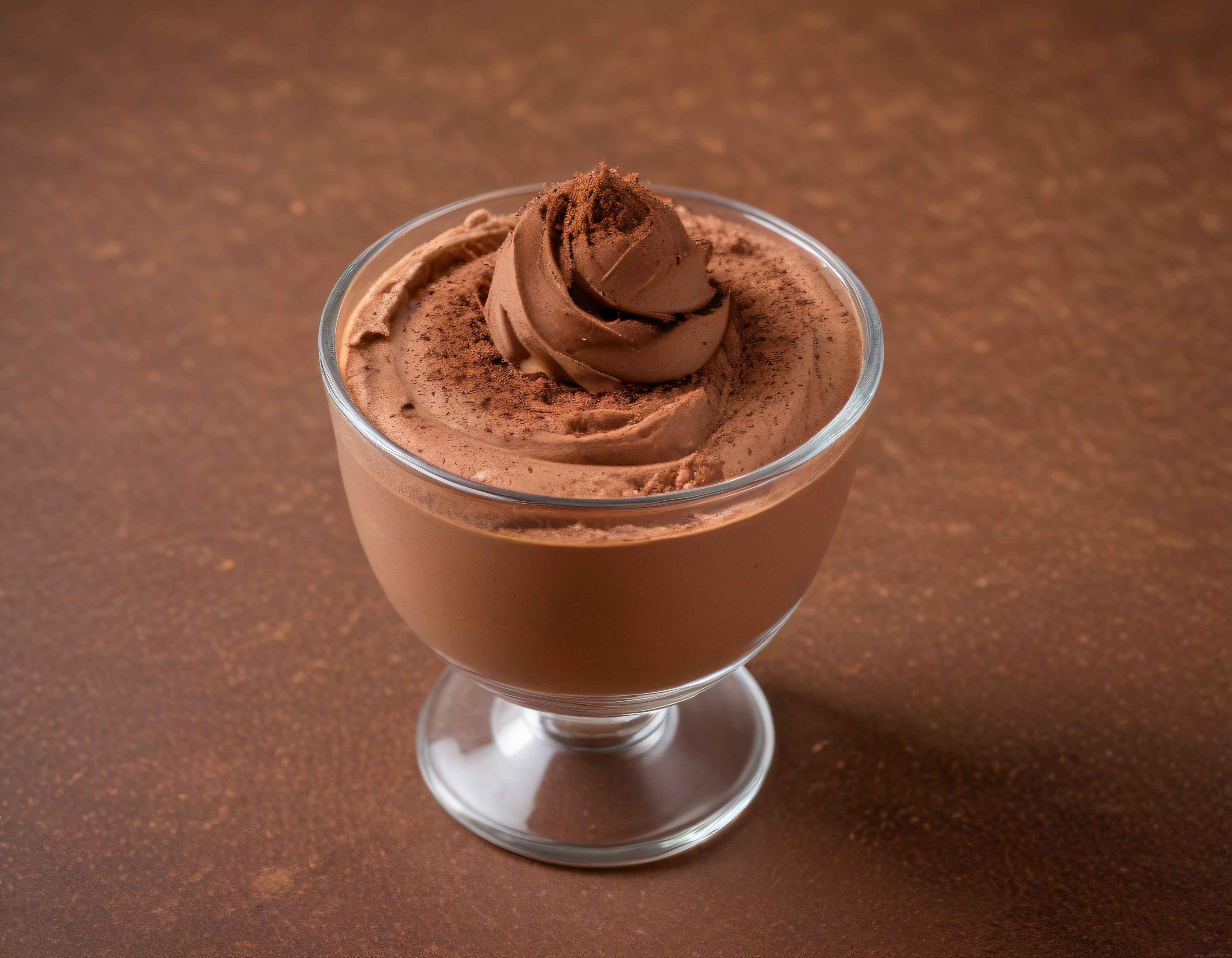 Ayaklı Bardakta Çikolatalı Mousse Tatlısı ve Üzerine Kakao Tozu Serpilmiş