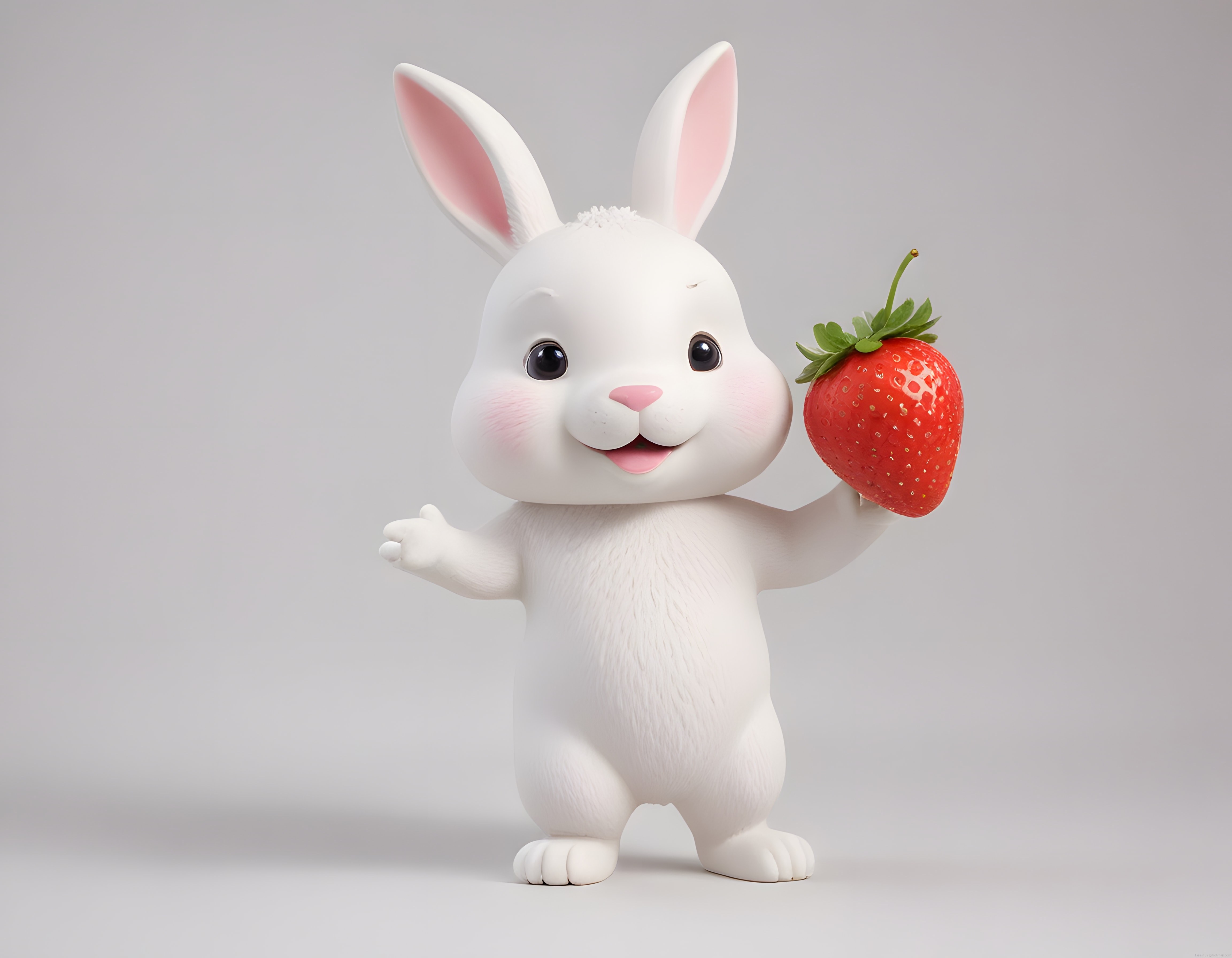 Ayakta duran sevimli beyaz tavşan elinde devasa kırmızı çilekle 3D render