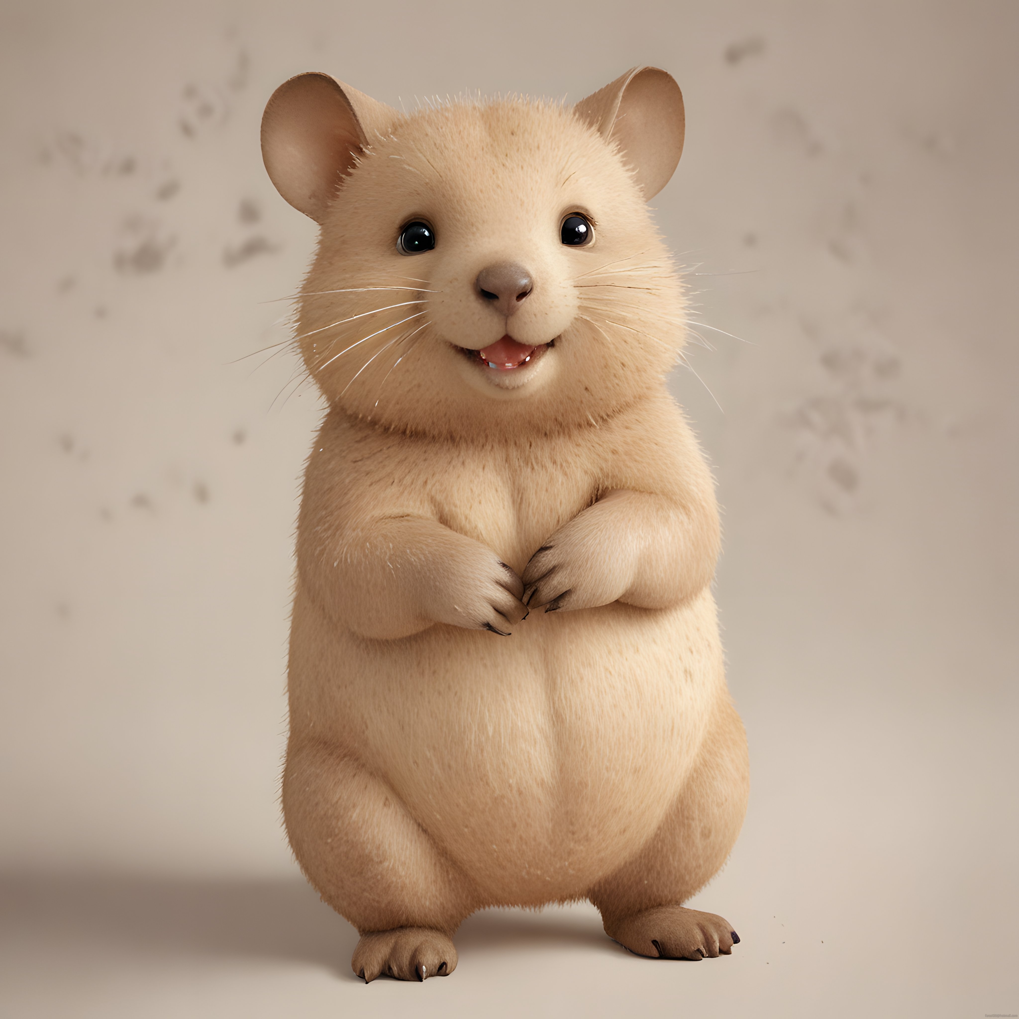 Ayakta Duran Sevimli Pofuduk 3D Hamster Karakteri ve Bej Nötr Arka Plan