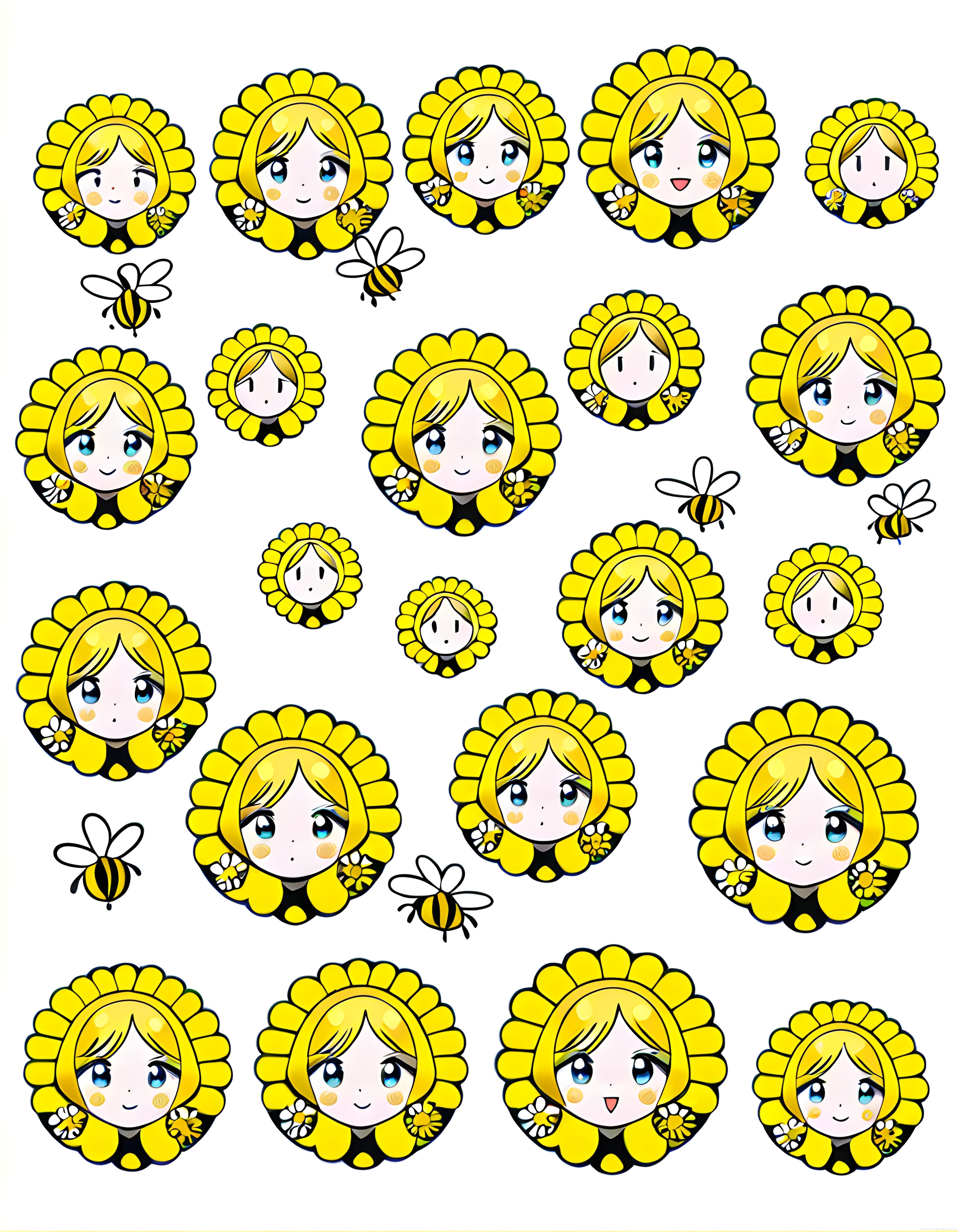 Ayçiçeği başlıklı sevimli anime kızları ve arılar kawaii sticker seti