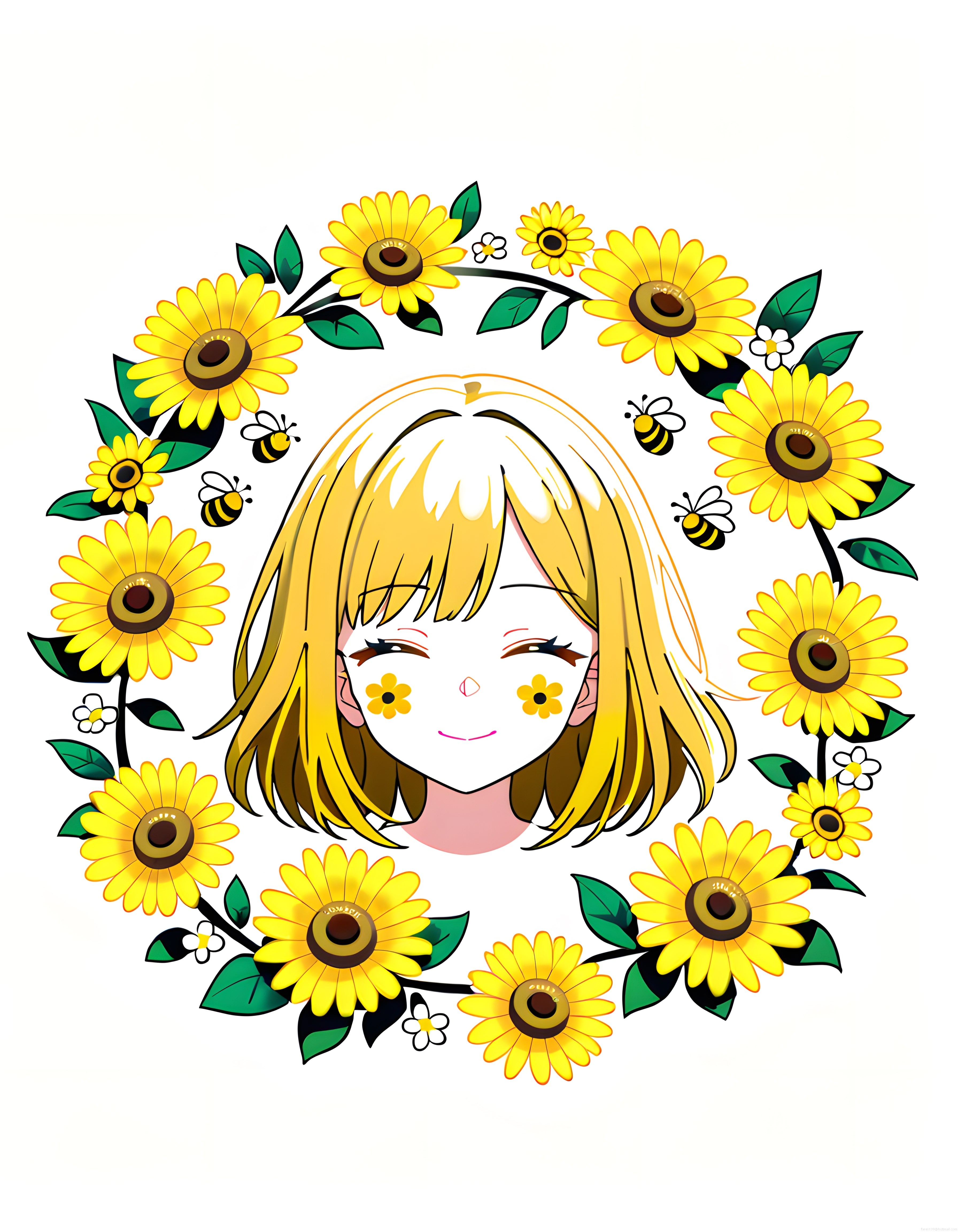 Ayçiçeği Çiçekleri Arasında Gülümseyen Sarı Saçlı Anime Kız Çizimi