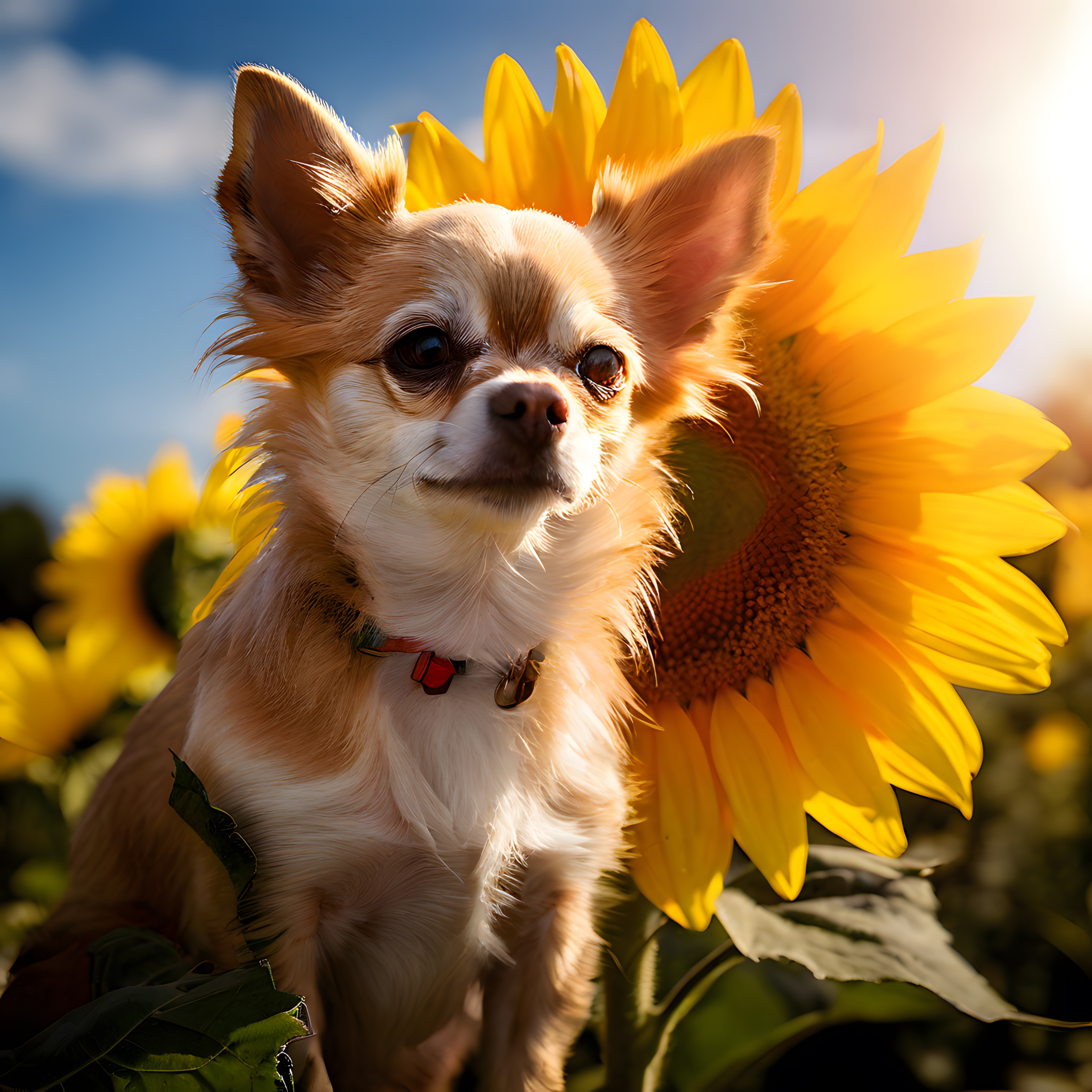 Ayçiçeği Tarlasında Poz Veren Sevimli Chihuahua: Yaz Günü Köpek Portresi