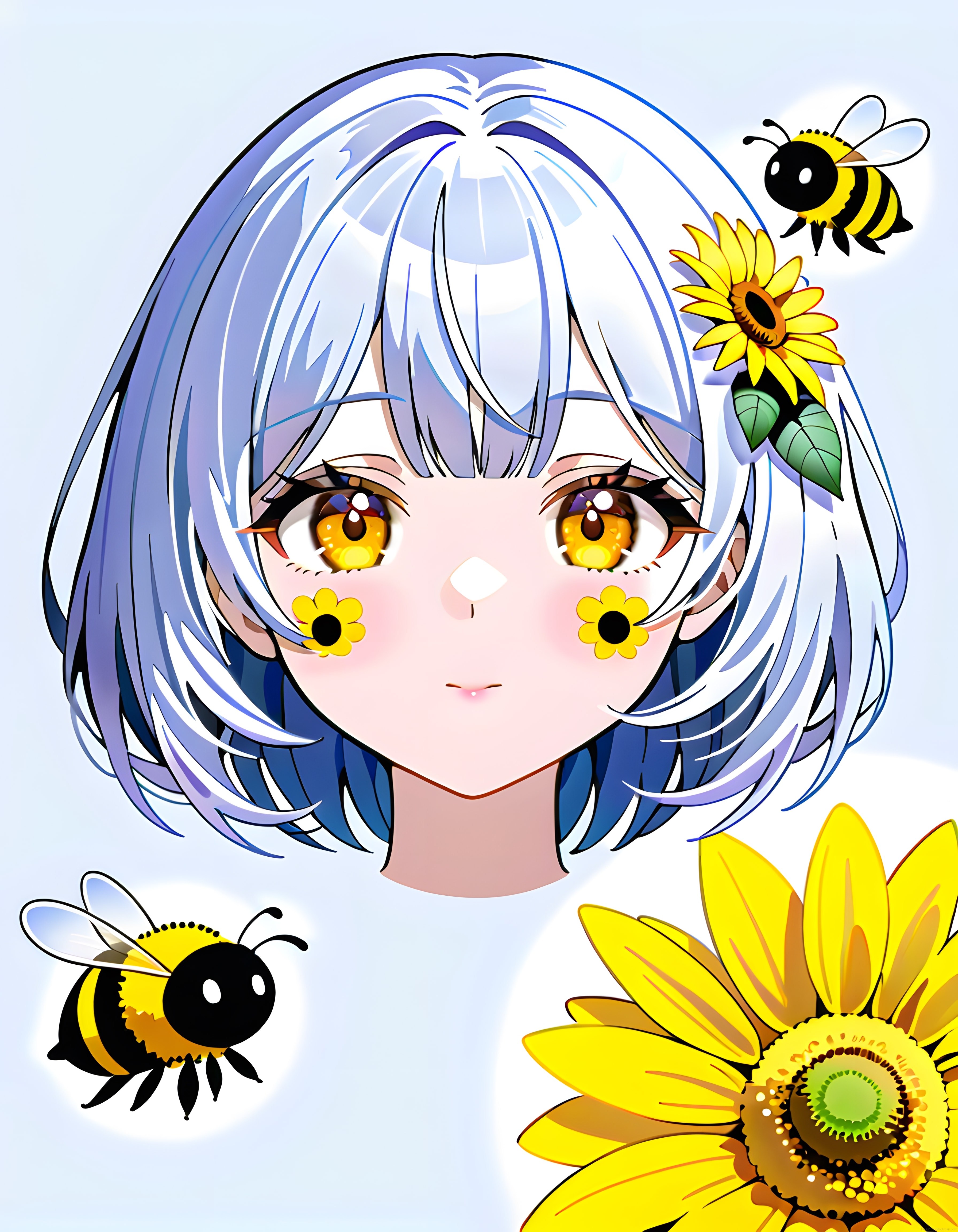 Ayçiçeği ve Arılarla Süslenmiş Sevimli Anime Kızı Dijital İllüstrasyonu