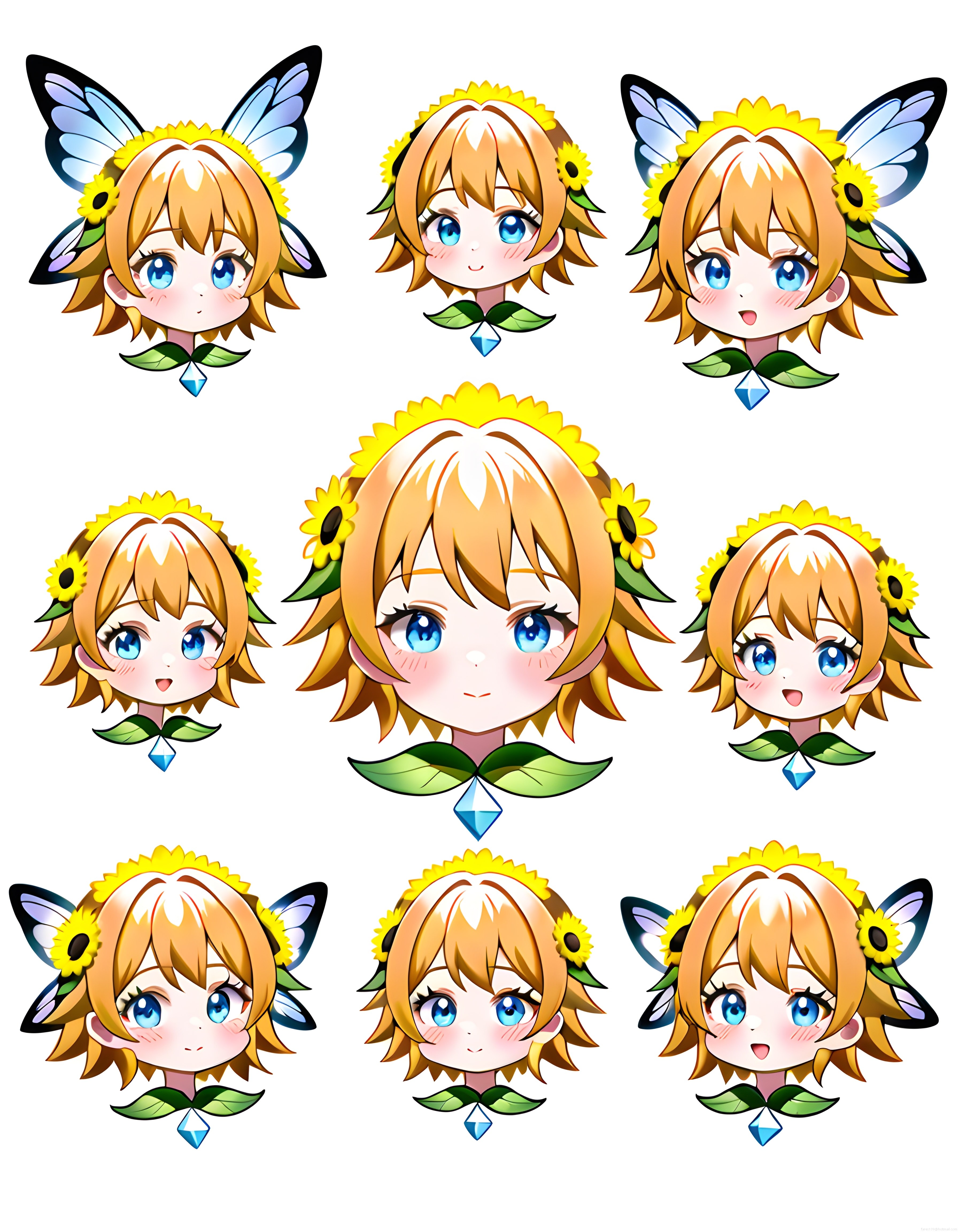 Ayçiçeği ve Kelebek Temalı Sevimli Anime Chibi Karakter İfade Seti