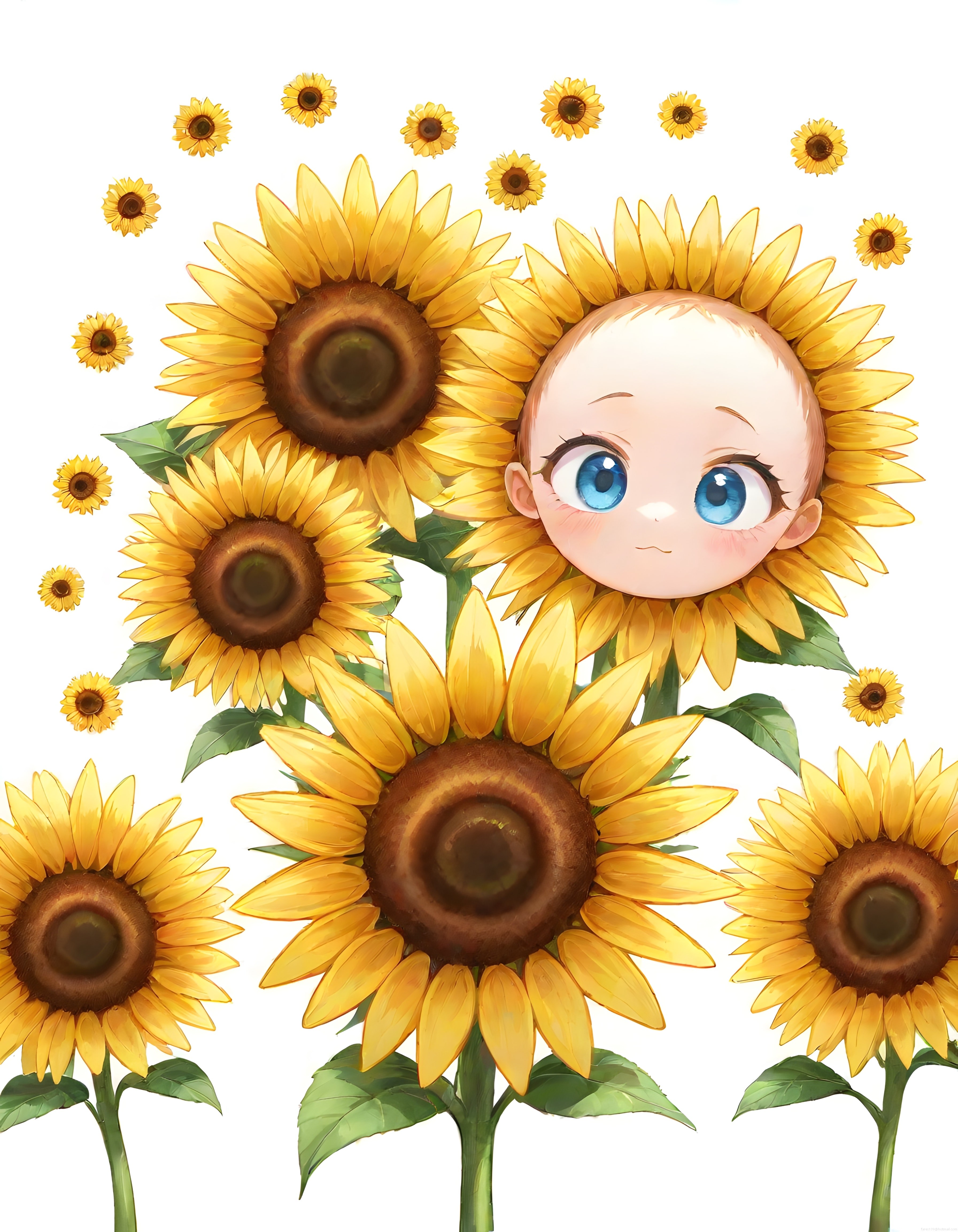 Ayçiçekleri arasında saklanan sevimli anime bebek yüzü ve doğa temalı dijital çizim
